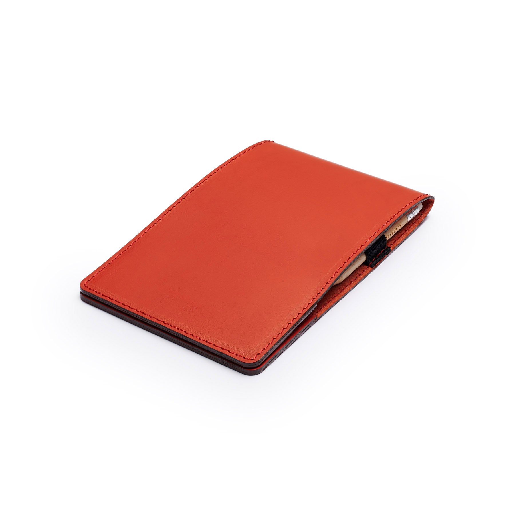 Red leather yardage book cover, flat lay, angled view — personalised golf gift — CarveOn, handmade in Ireland#Color_Red