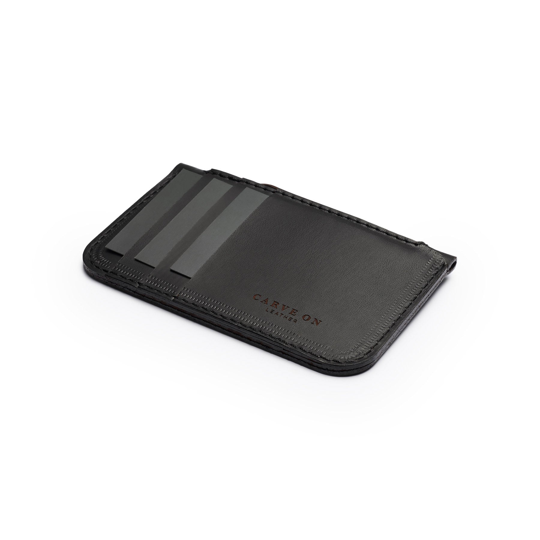Black full-grain leather zip card wallet, flat lay, angled view — personalised — CarveOn, made in Ireland#Color_Black