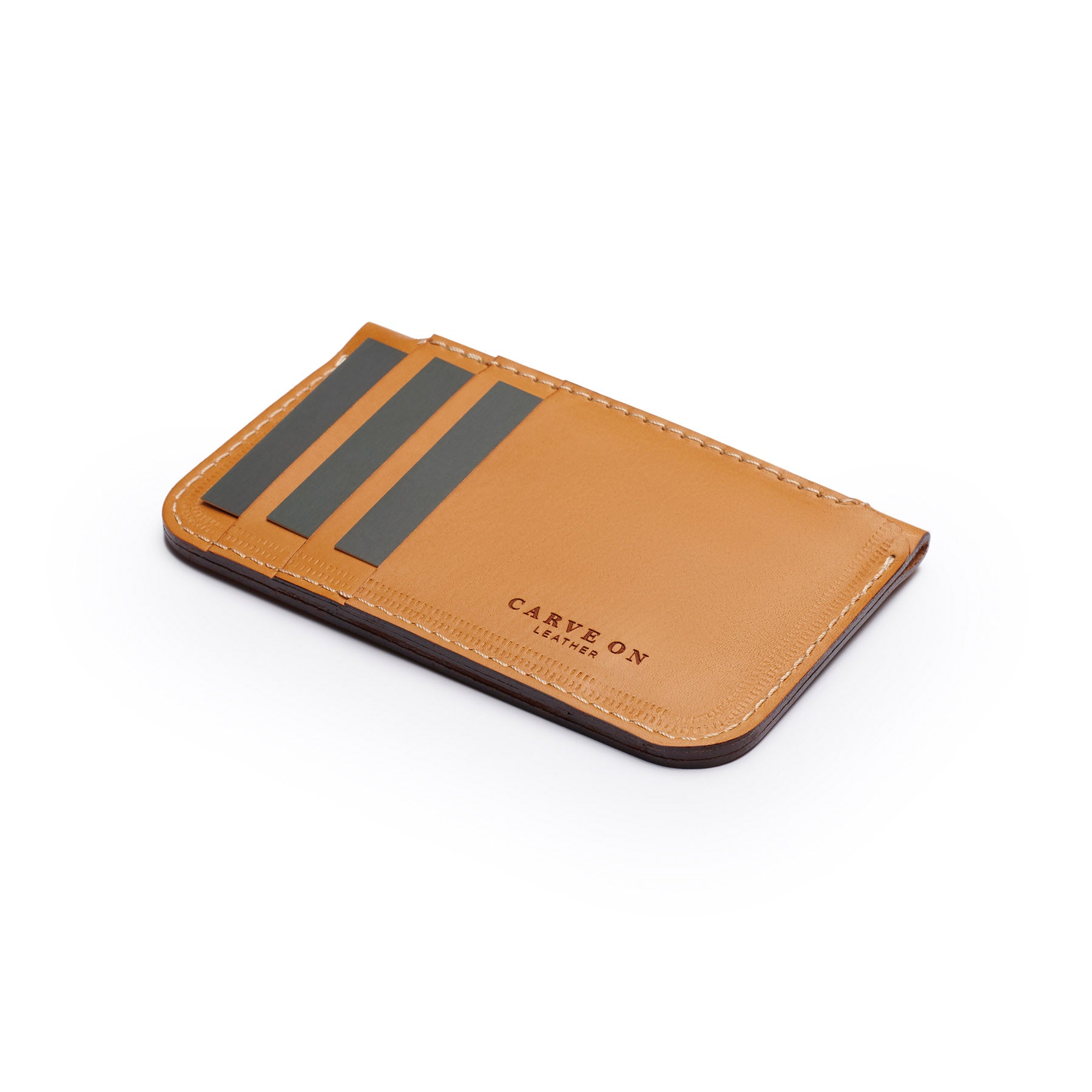 Tan full-grain leather zip card wallet, flat lay, angled view — personalised — CarveOn, made in Ireland#Color_Tan