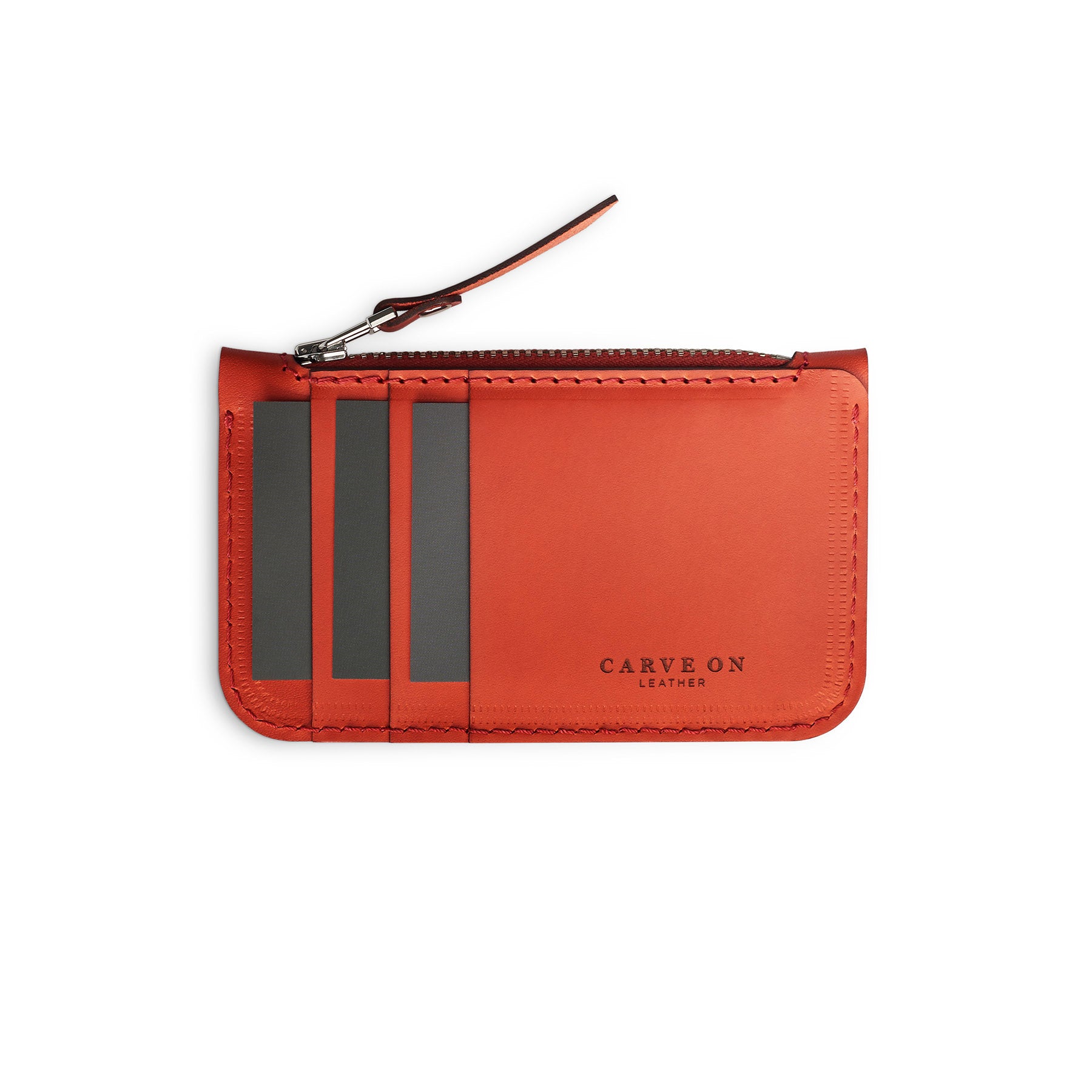 Red full-grain leather zip card wallet, flat lay — personalised — CarveOn, made in Ireland#Color_Red