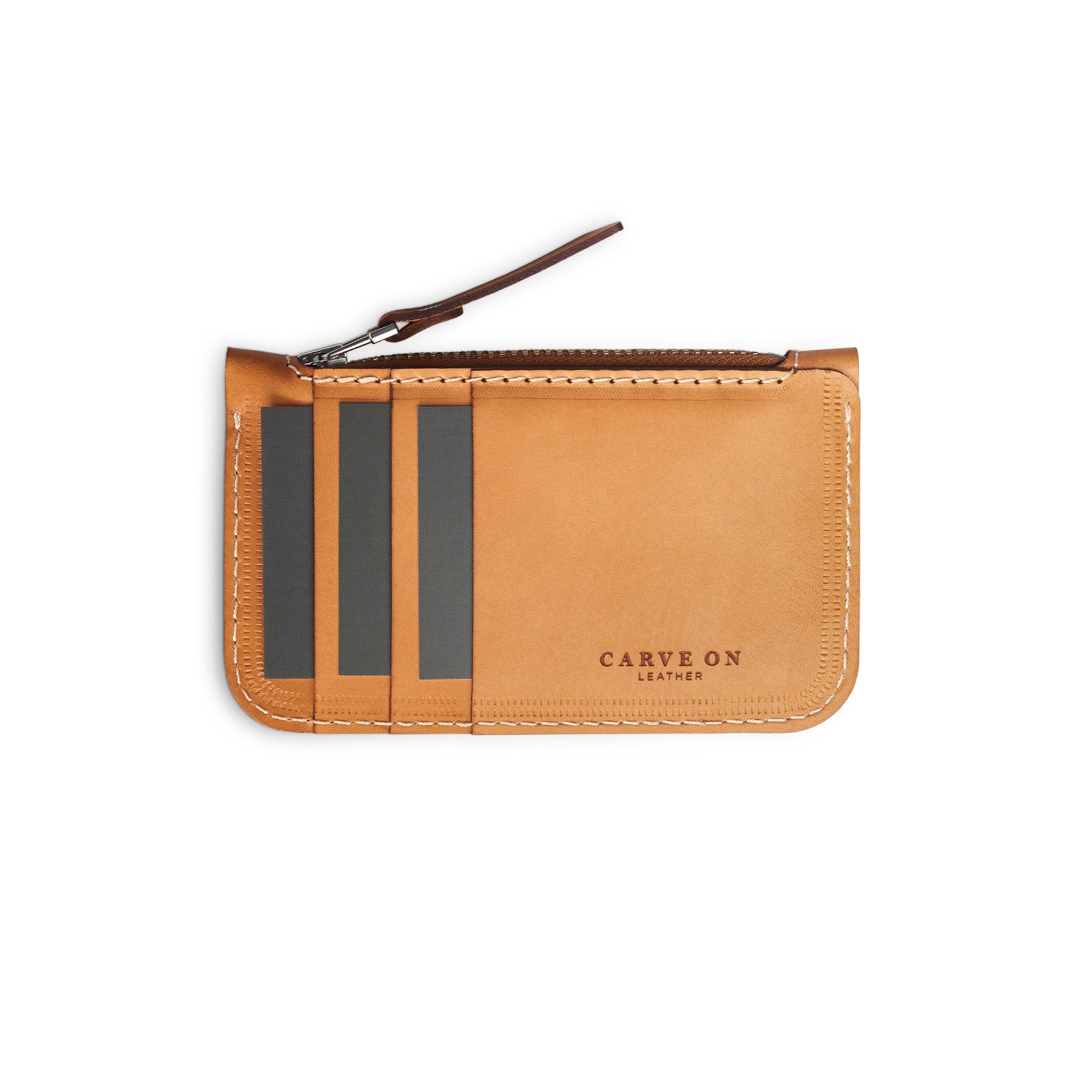 Tan full-grain leather zip card wallet, flat lay — personalised — CarveOn, made in Ireland#Color_Tan