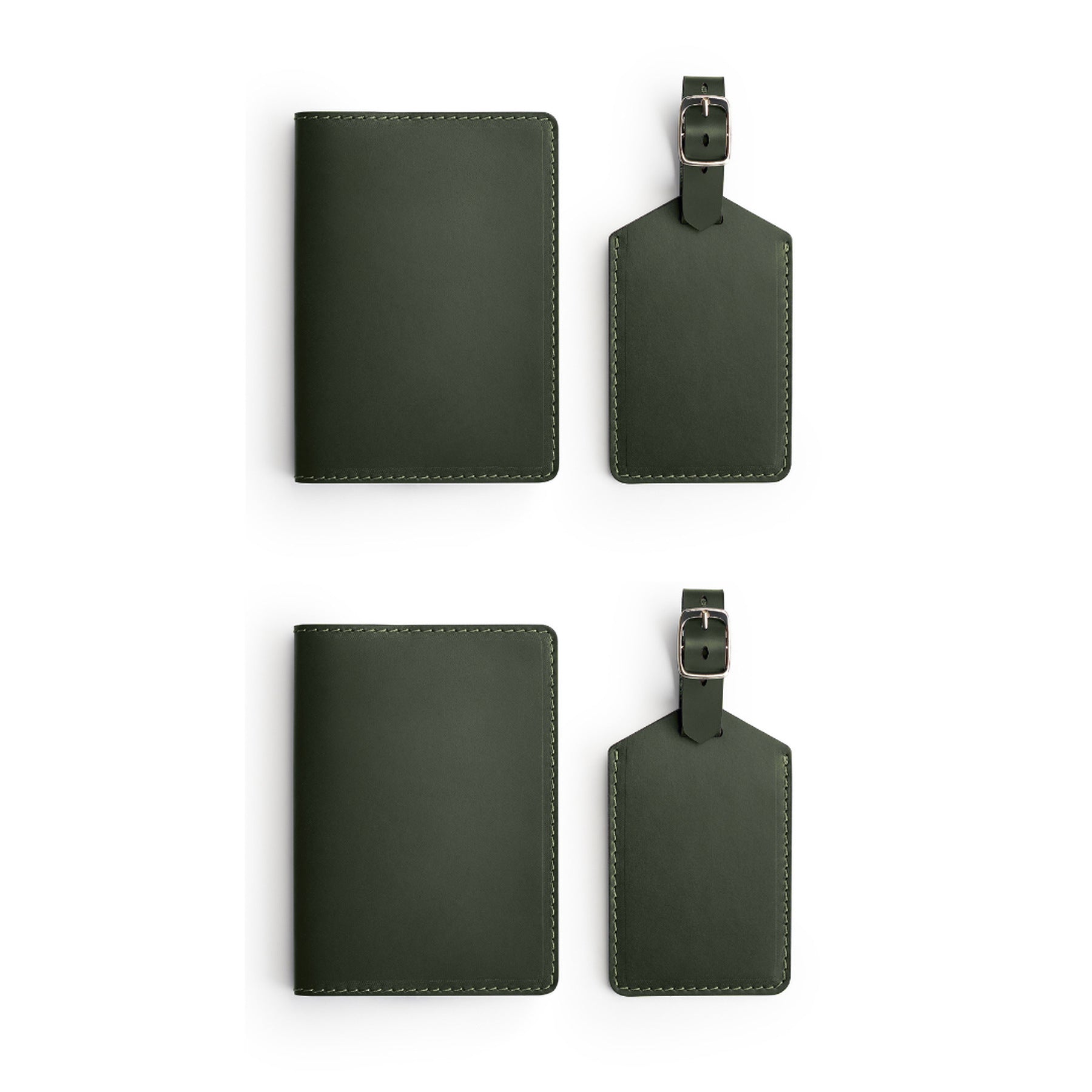 Green leather travel gift set, flat lay — personalised — CarveOn, made in Ireland#Color_Green