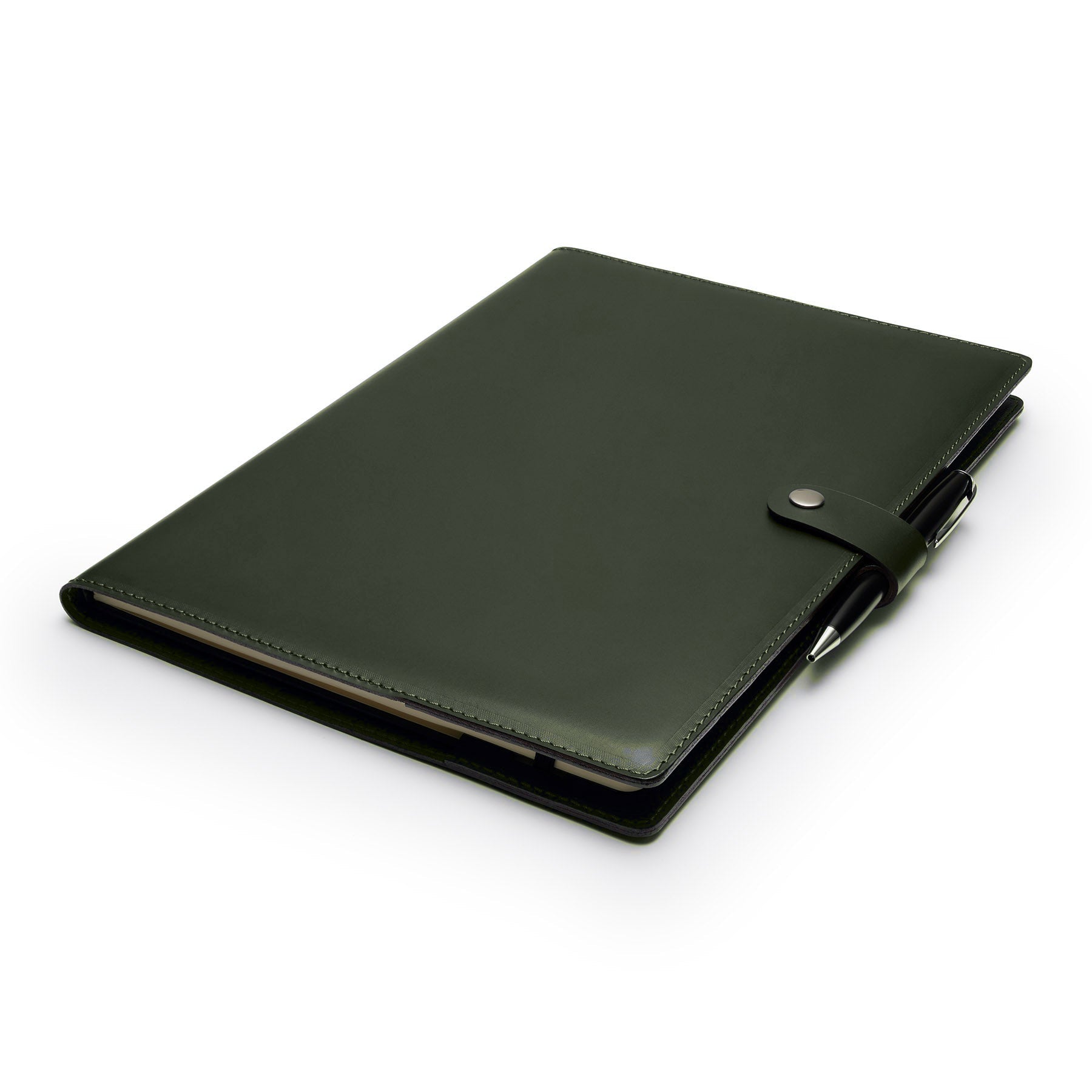 Green full-grain leather A4 notebook and pen set, flat lay, angled view — personalised with debossed initials — CarveOn, made in Ireland#Color_Green
