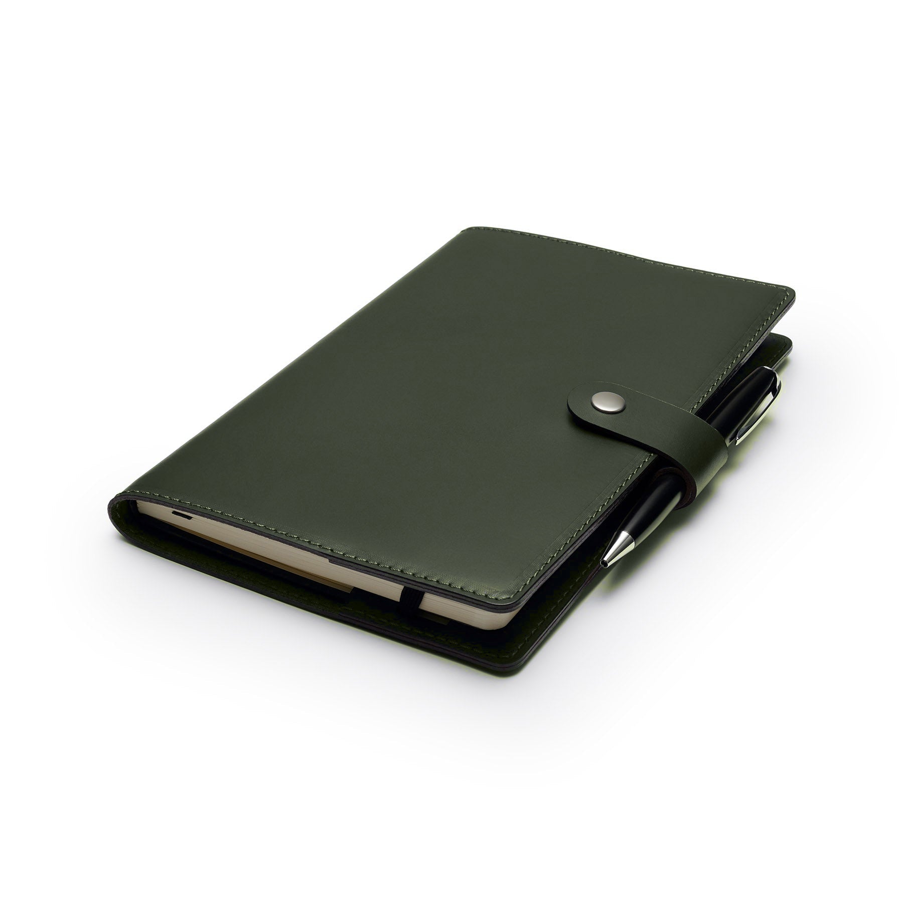 Green Moleskine notebook with leather cover and pen, flat lay, angled view — personalised gift — CarveOn, made in Ireland#Color_Green