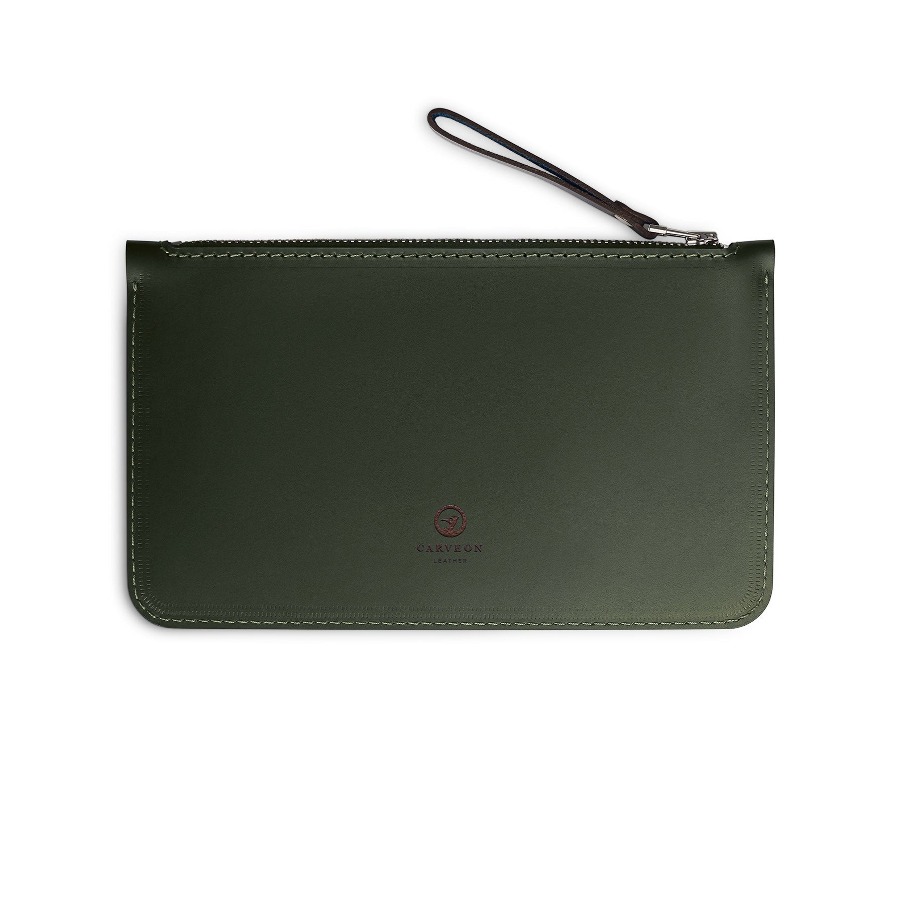 Green full-grain leather zip pouch, flat lay — personalised — CarveOn, made in Ireland#Color_Green