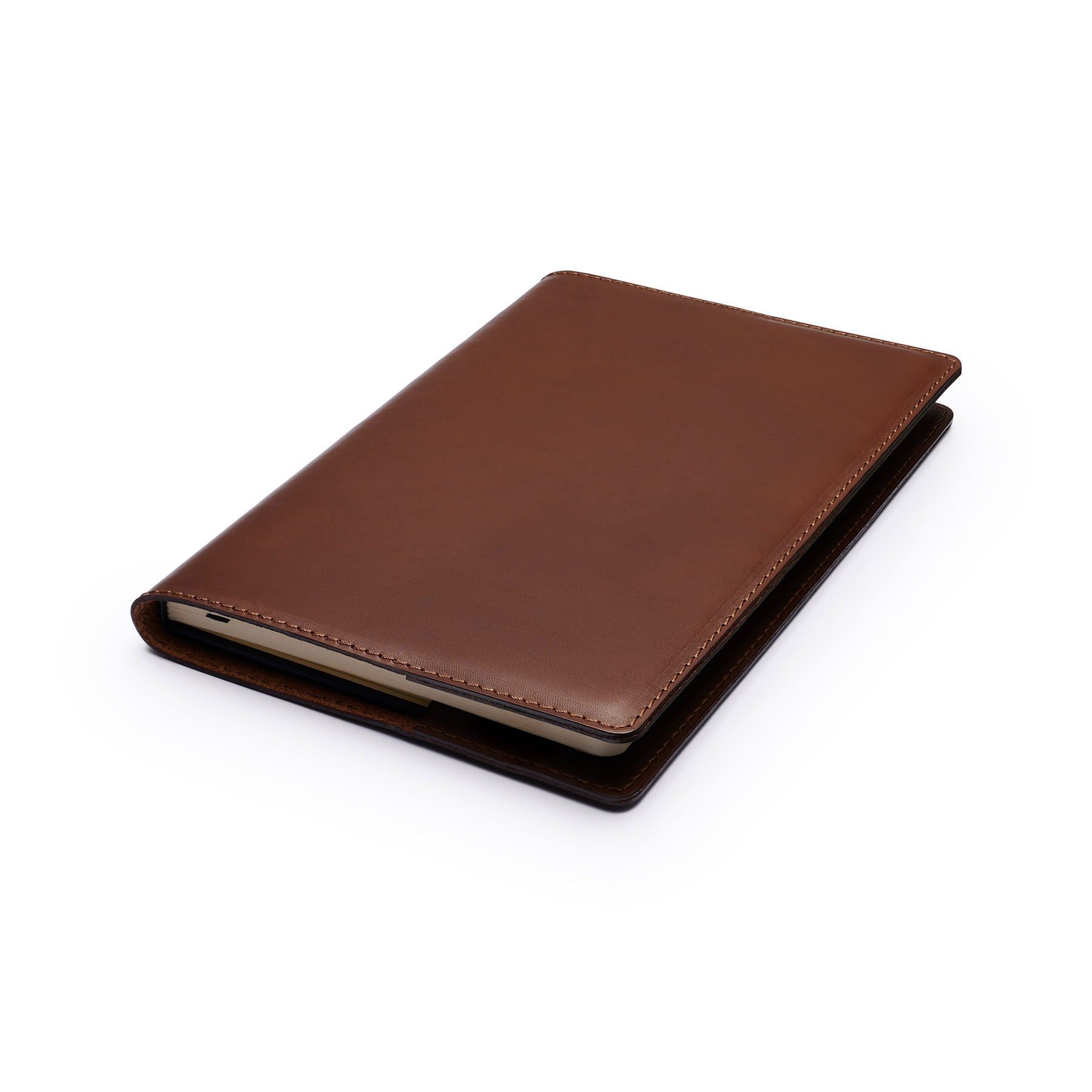 Dark Brown full-grain leather A5 notebook, flat lay, angled view — personalised — CarveOn, made in Ireland#Color_Dark Brown