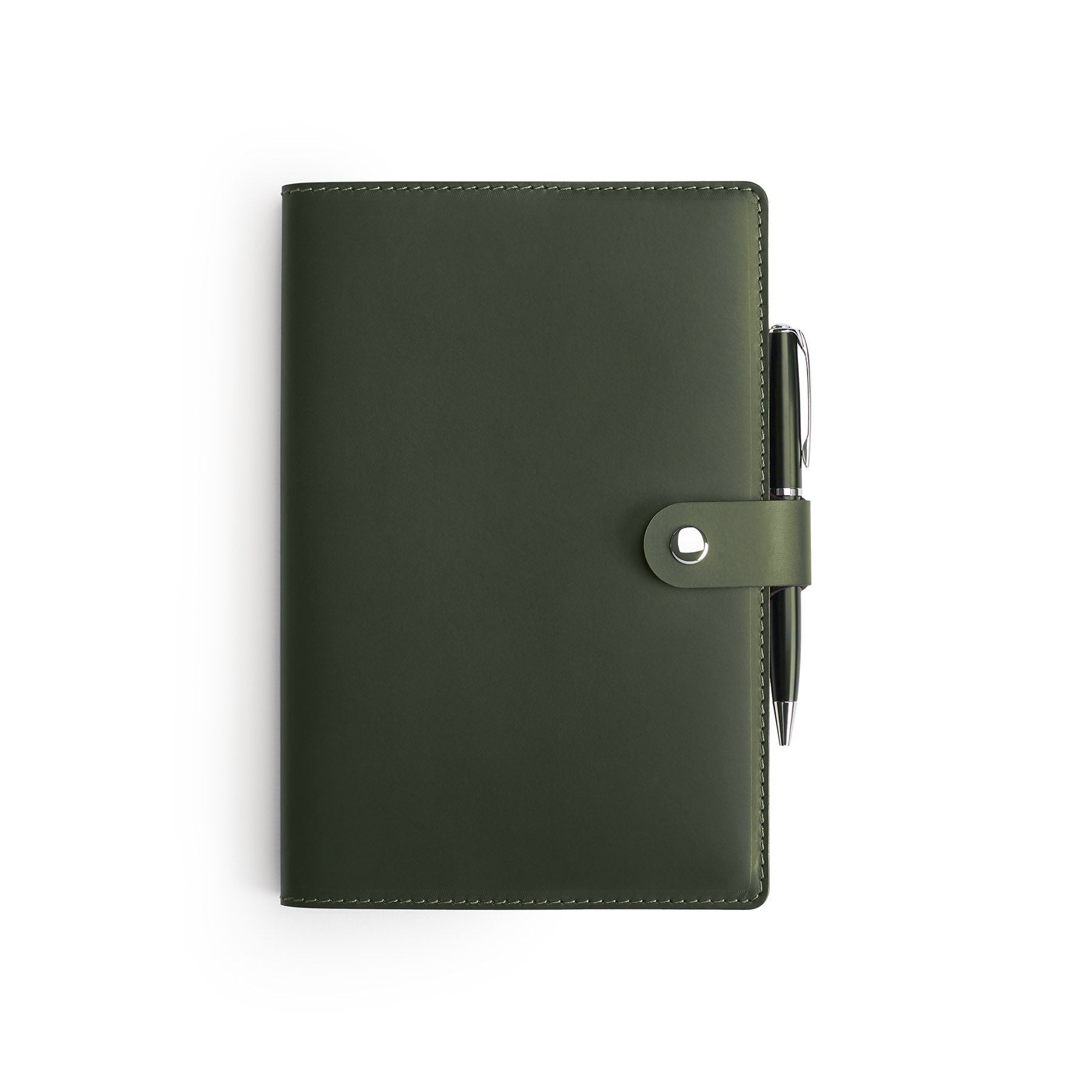Green Moleskine notebook with leather cover and pen, flat lay — personalised gift — CarveOn, made in Ireland#Color_Green