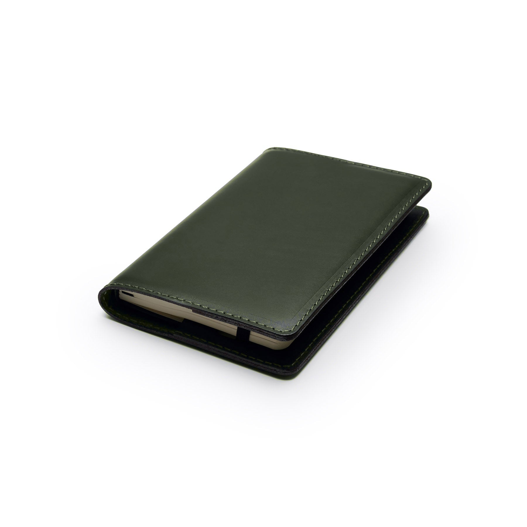 Green full-grain leather A6 notebook, flat lay, angled view — personalised — CarveOn, made in Ireland#Color_Green