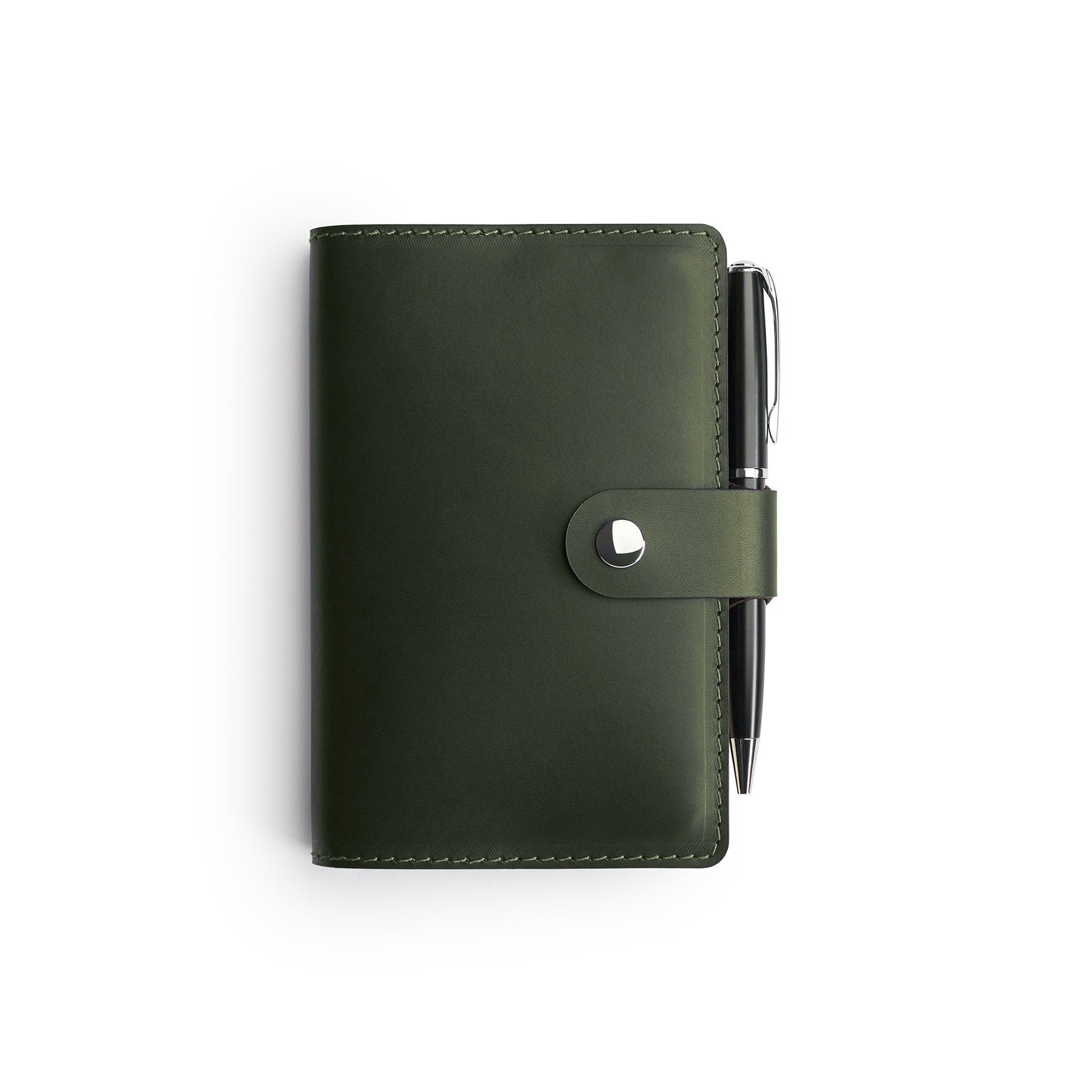 Green full-grain leather A6 notebook and pen set, flat lay — personalised with debossed initials — CarveOn, made in Ireland#Color_Green