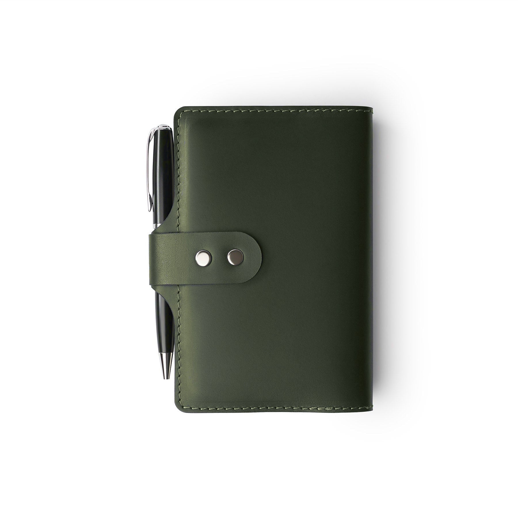 Green full-grain leather A6 notebook and pen set, flat lay — personalised with debossed initials — CarveOn, made in Ireland#Color_Green