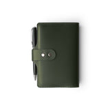 Green full-grain leather A6 notebook and pen set, flat lay — personalised with debossed initials — CarveOn, made in Ireland