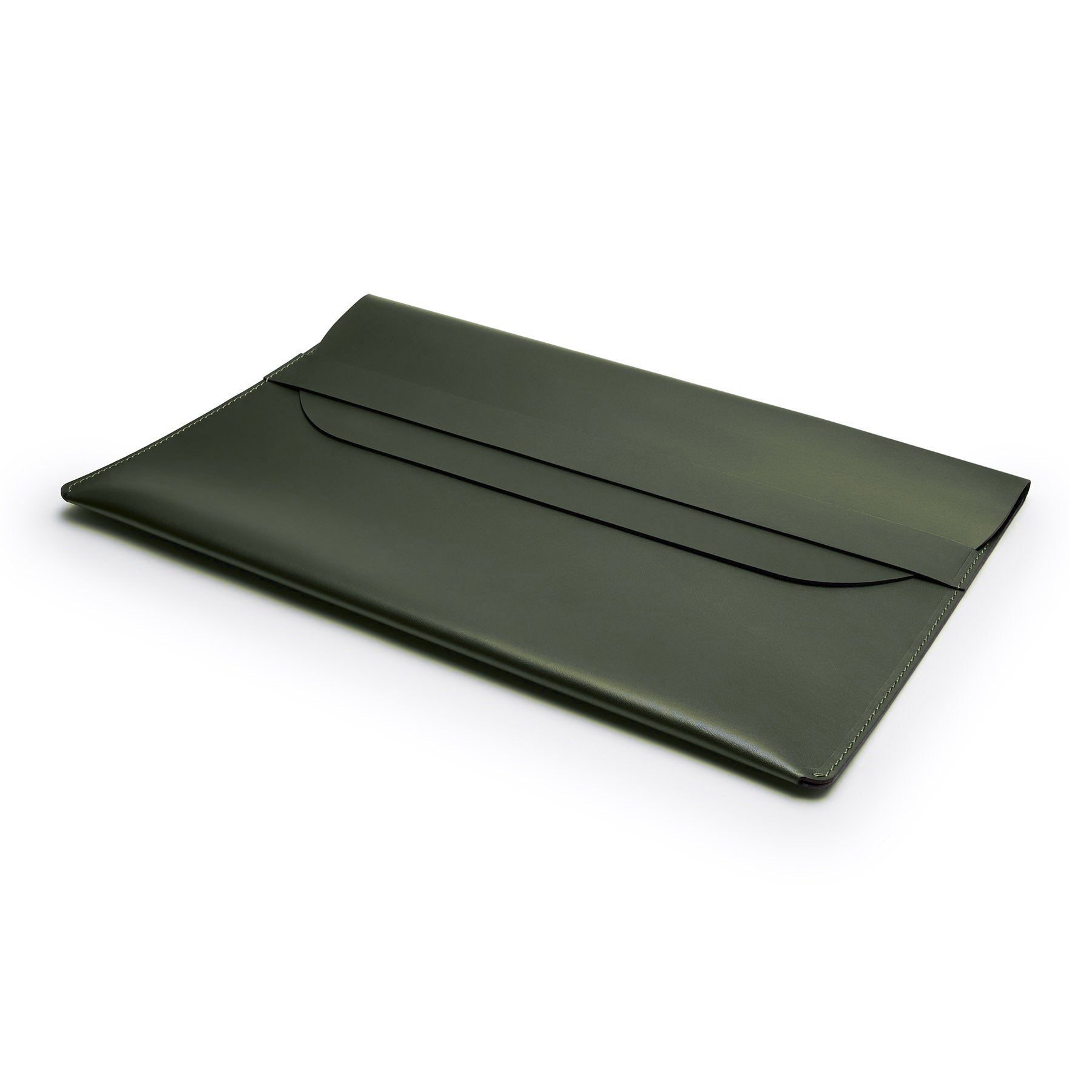 Green full-grain leather document folio, flat lay, angled view — personalised — CarveOn, made in Ireland#Color_Green