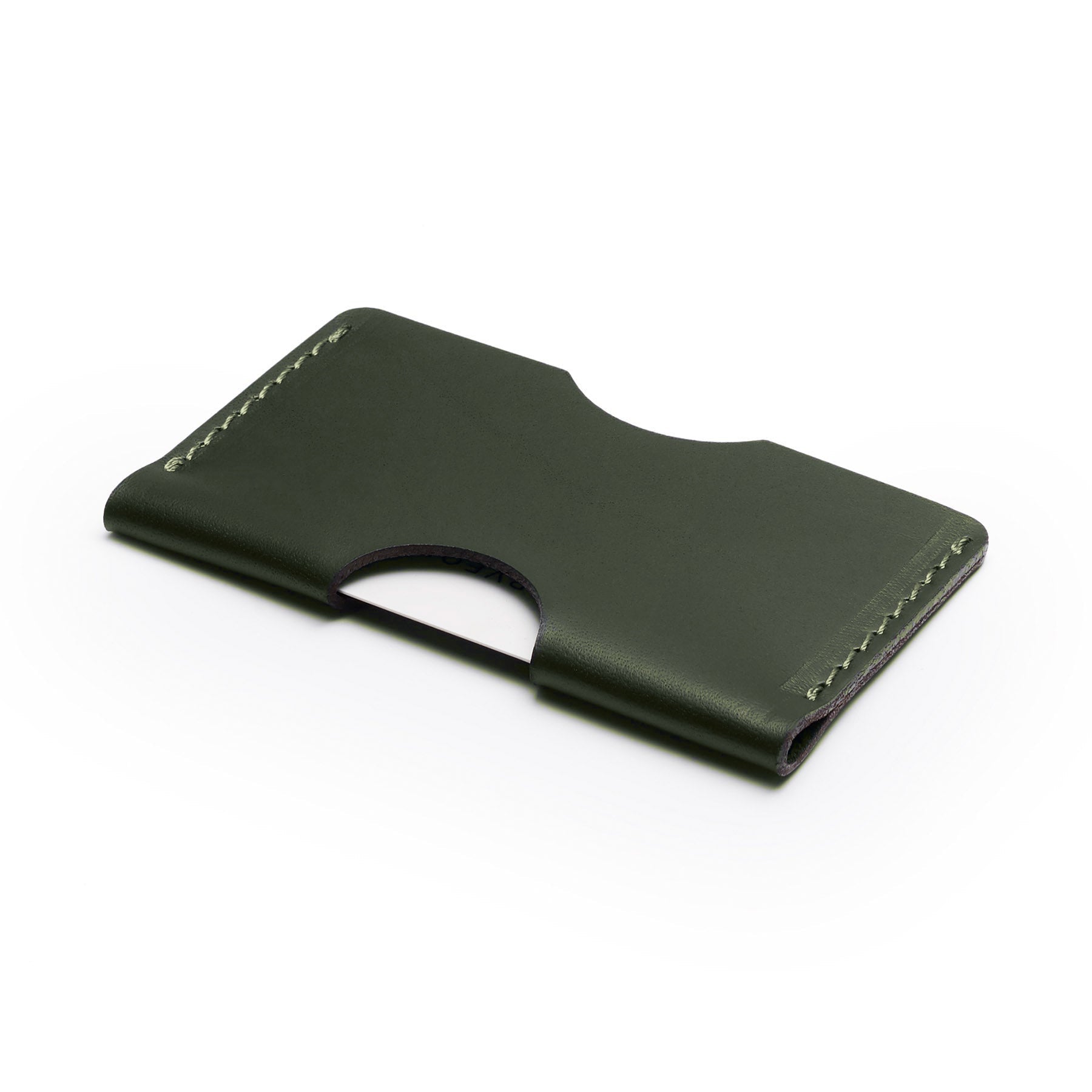 Green full-grain leather landscape card holder, flat lay, angled view — personalised — CarveOn, made in Ireland#Color_Green