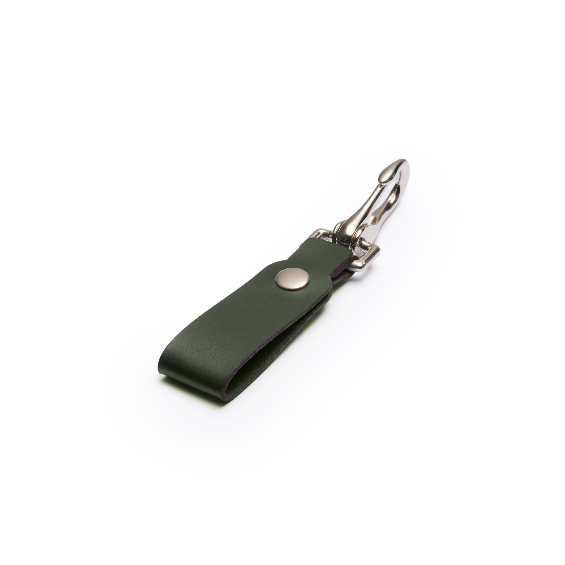Green full-grain leather keyring, flat lay, angled view — personalised gift — CarveOn, made in Ireland#Color_Green