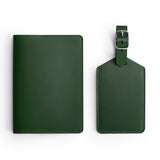 Green leather travel gift set, flat lay — passport holder and luggage tag — CarveOn, made in Ireland