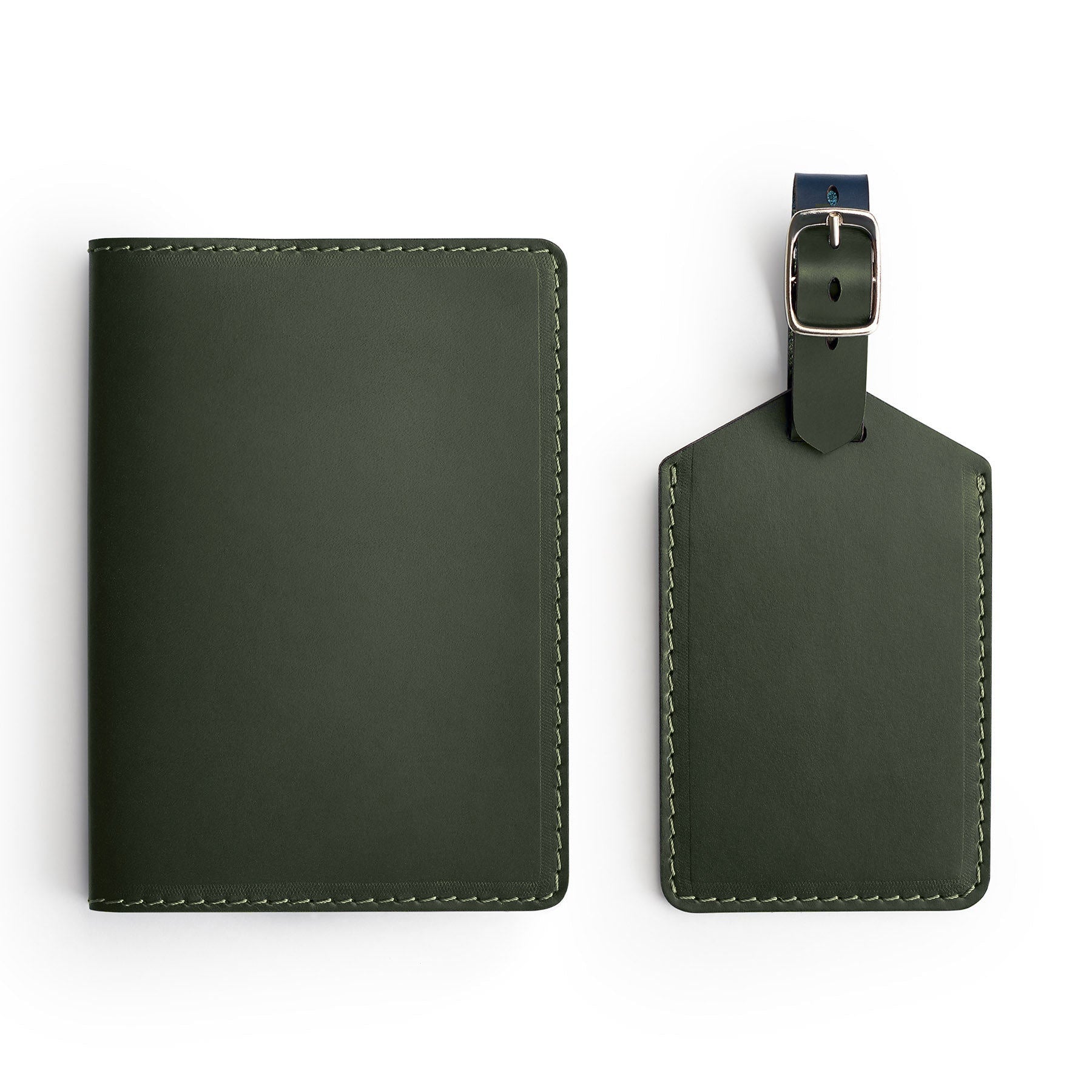 Green leather travel gift set, flat lay — passport holder and luggage tag — CarveOn, made in Ireland#Color_Green