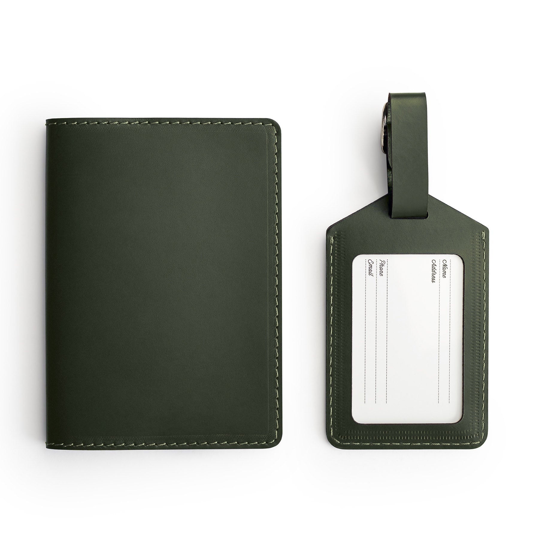 Green leather travel gift set, flat lay — passport holder and luggage tag — CarveOn, made in Ireland#Color_Green
