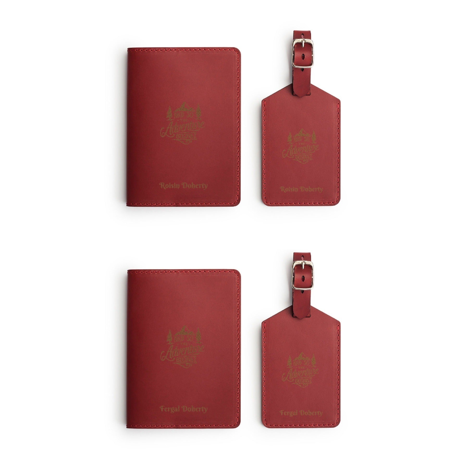 Burgundy leather couples travel gift set, flat lay, engraved with a travel graphic and two names — two passport holders and two luggage tags — CarveOn, made in Ireland#Color_Hidden