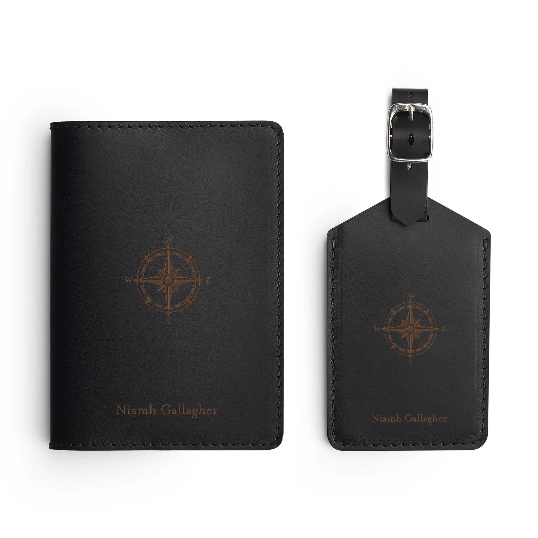 Black leather travel gift set, flat lay, engraved with a compass and a name — passport holder and luggage tag — CarveOn, made in Ireland#Color_Hidden