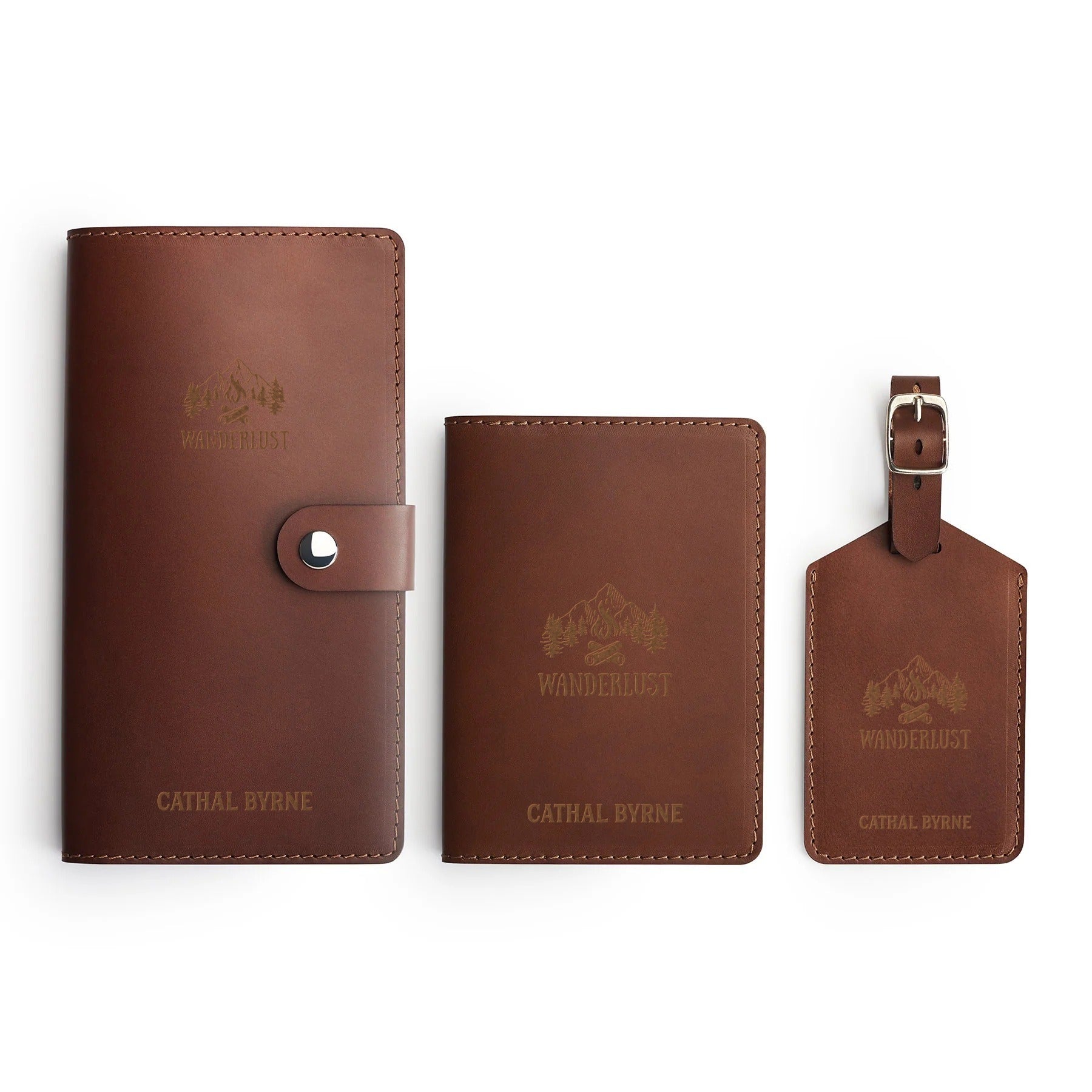 Dark Brown leather travel gift set, flat lay, engraved with a Wanderlust graphic and a name — travel wallet, passport holder and luggage tag — CarveOn, made in Ireland#Color_Hidden