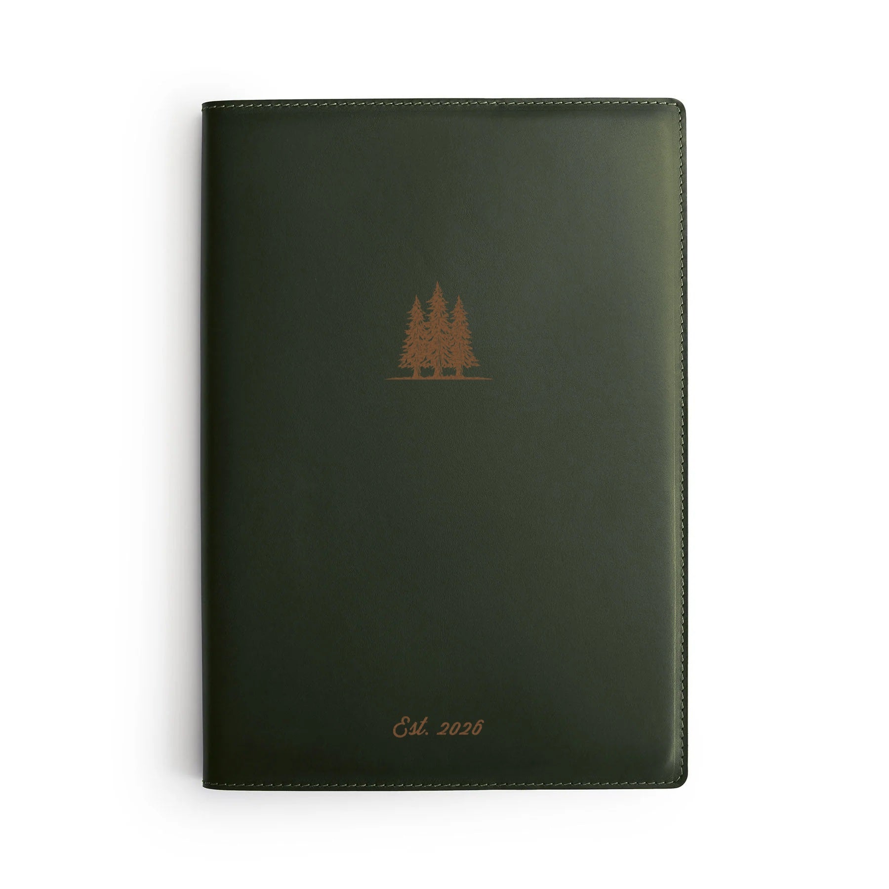 Green full-grain leather A4 notebook, flat lay, engraved with trees and a date — personalised — CarveOn, made in Ireland#Color_Green