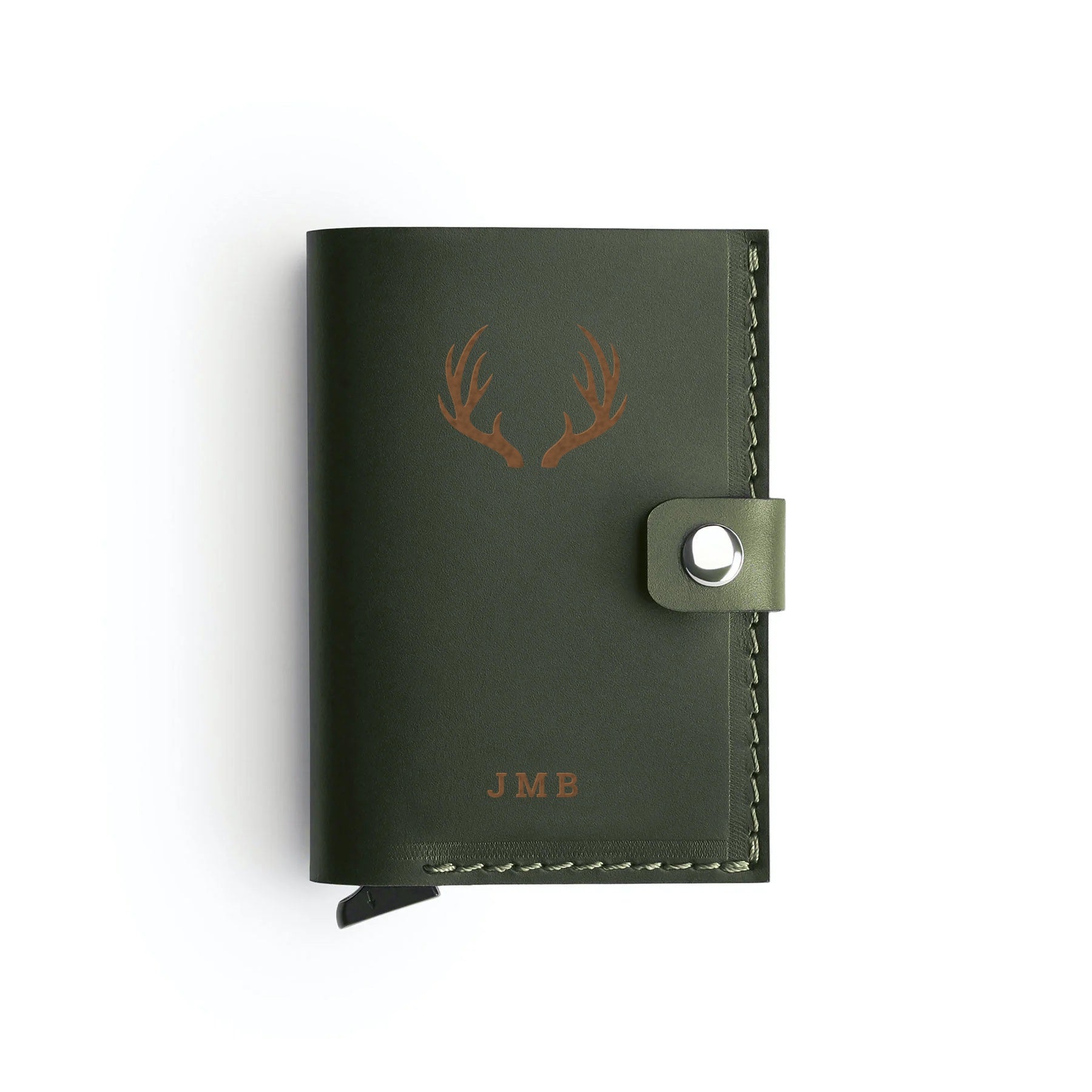 Green full-grain leather RFID wallet, flat lay, engraved with antlers and initials — personalised — CarveOn, made in Ireland#Color_Green
