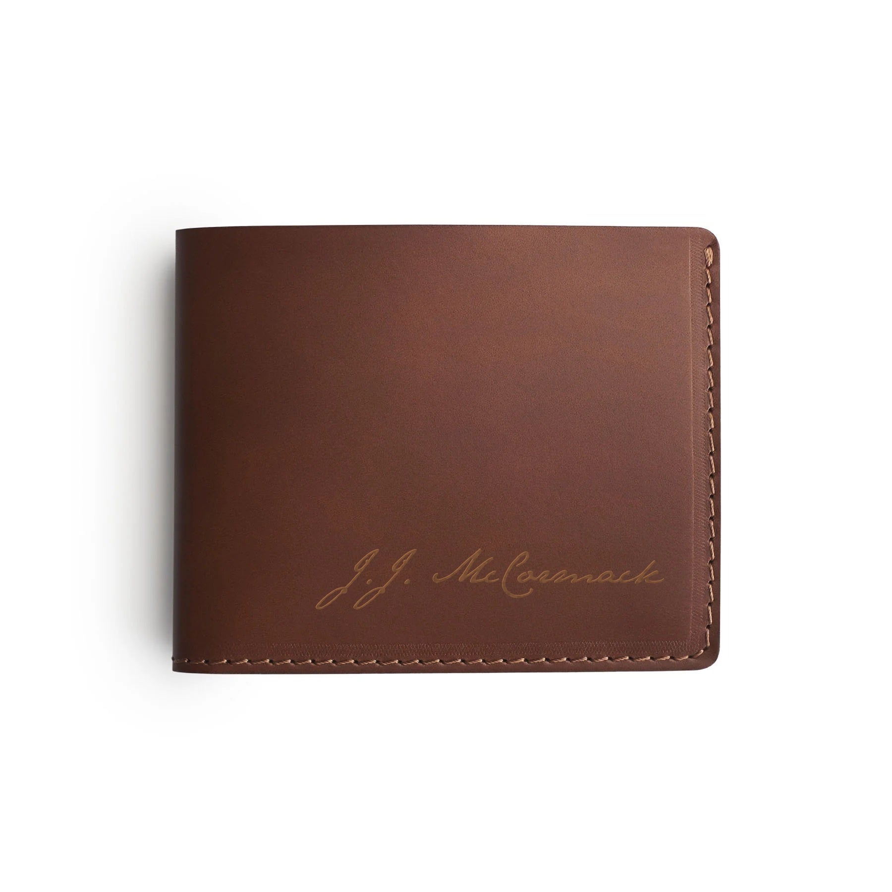 Dark Brown full-grain leather traditional wallet, flat lay, engraved with a name — personalised — CarveOn, made in Ireland#Color_Dark Brown