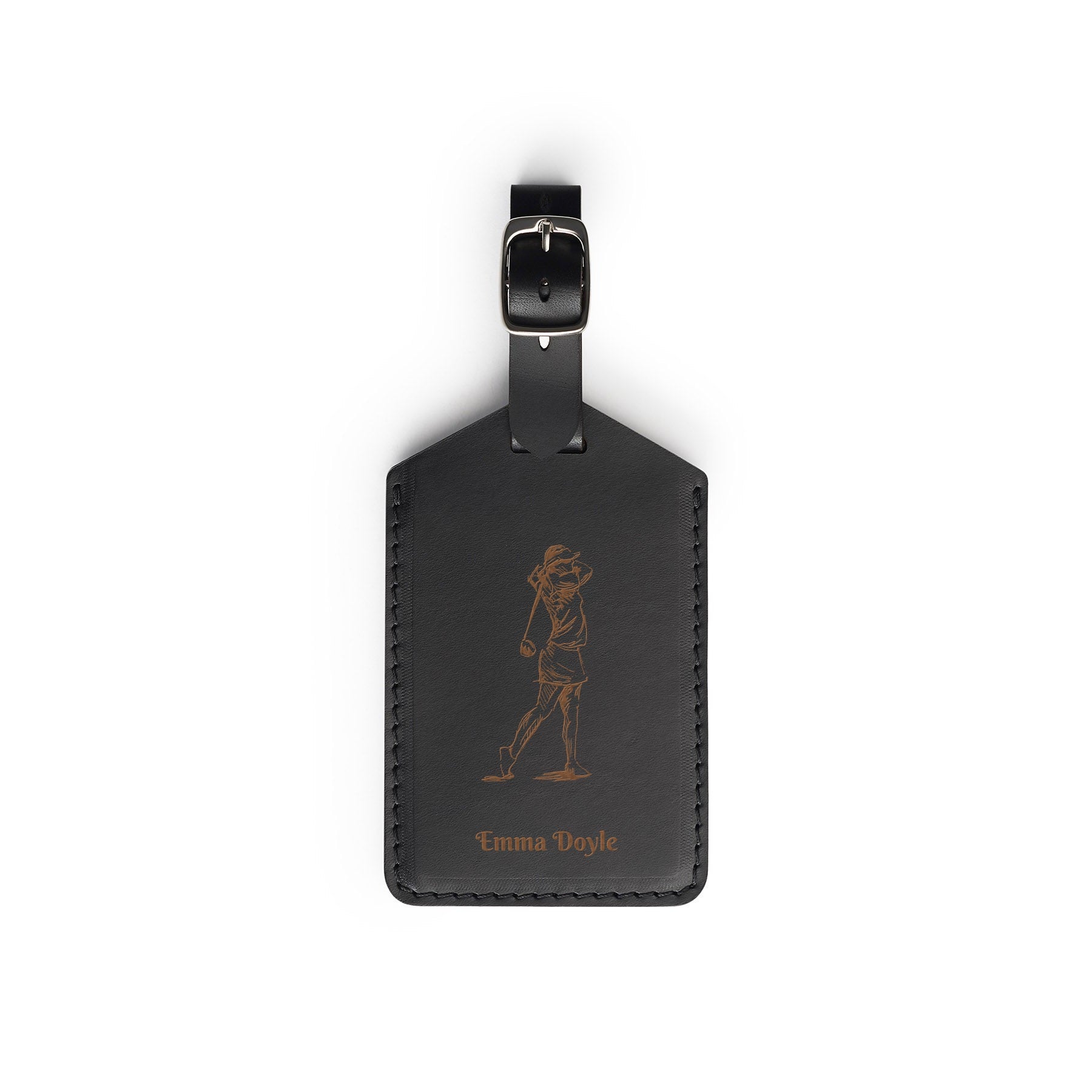 Black leather golf bag tag, flat lay, engraved with a golfer and a name — personalised golf gift — CarveOn, handmade in Ireland#Color_Black