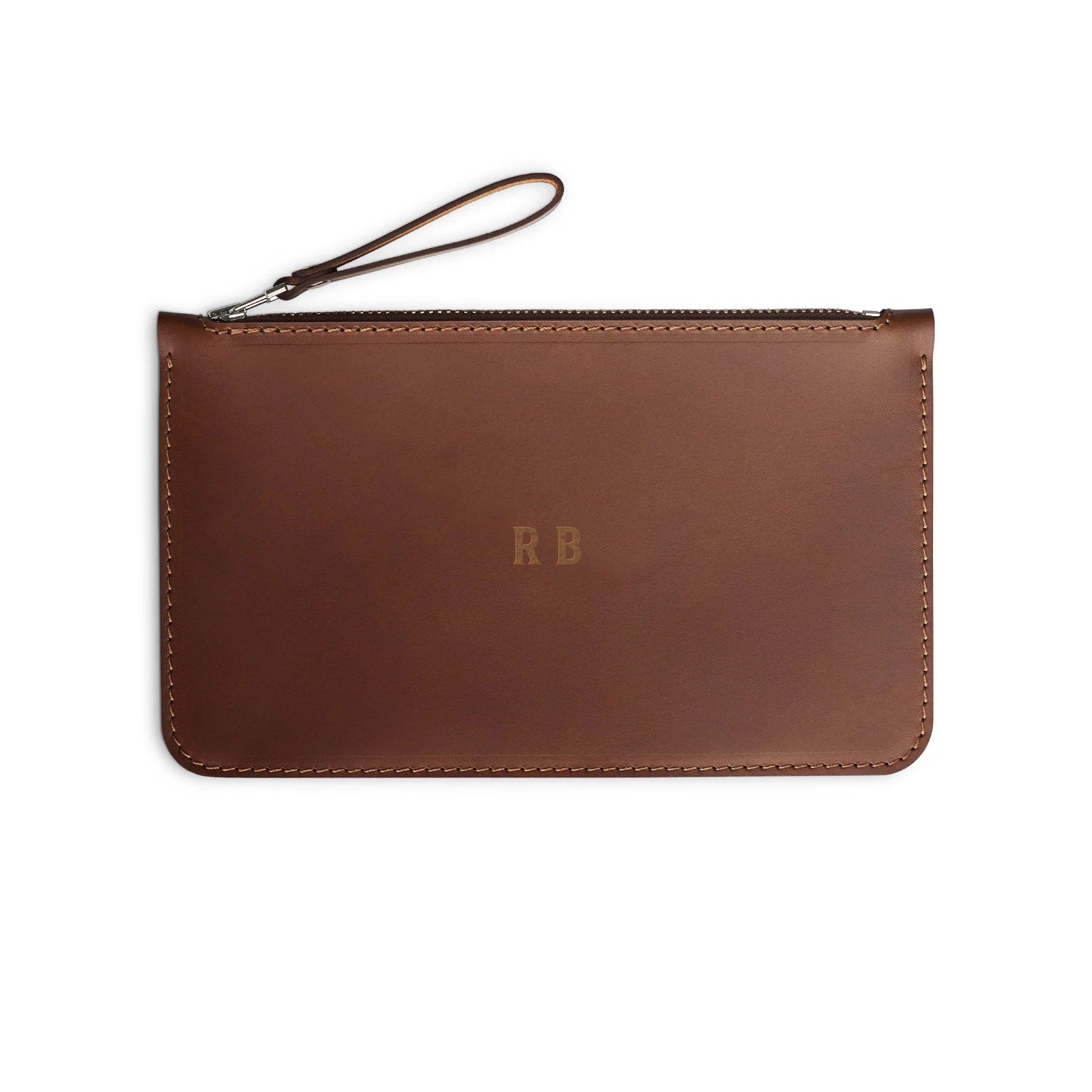 Dark Brown full-grain leather zip pouch, flat lay, engraved with a monogram — personalised — CarveOn, made in Ireland#Color_Dark Brown