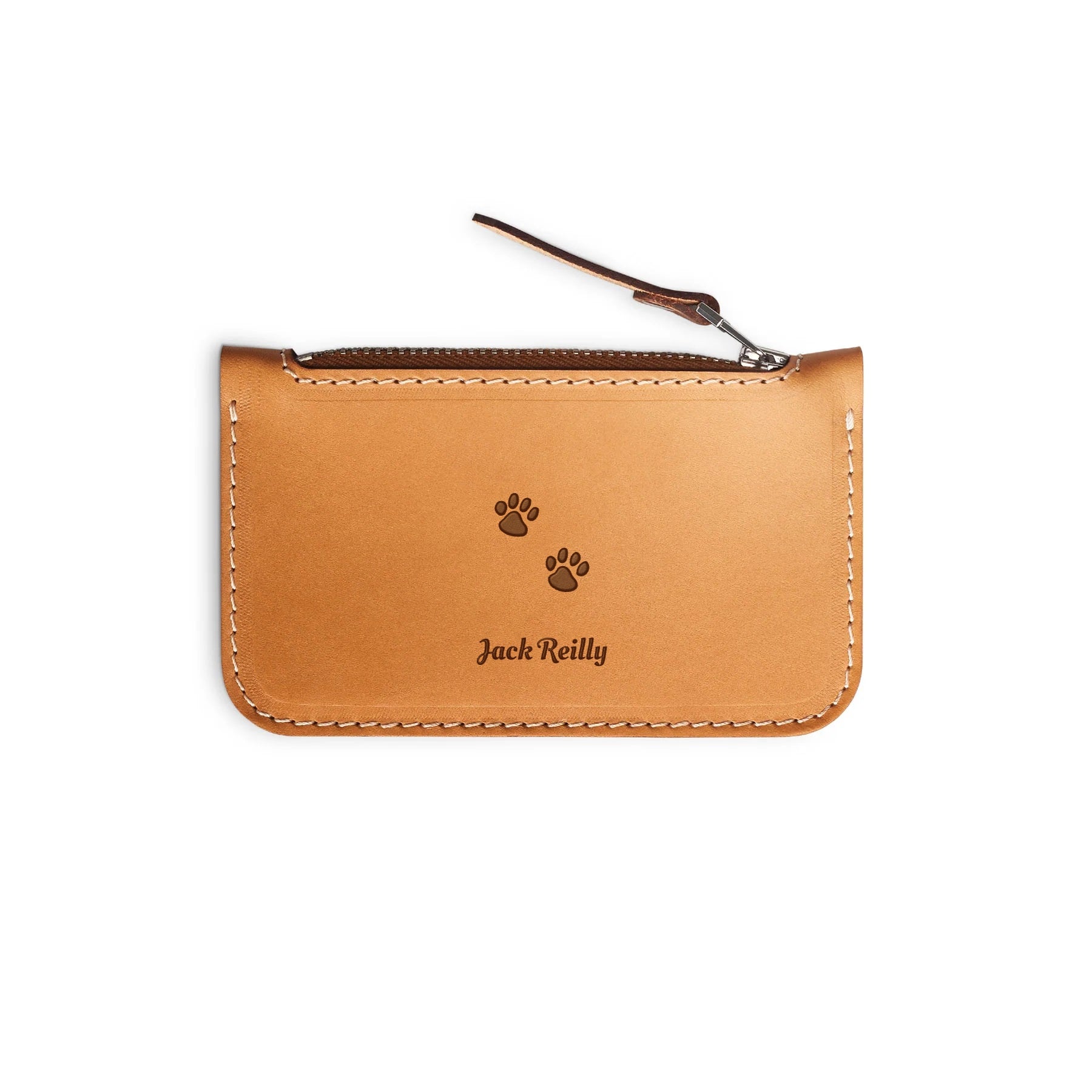 Tan full-grain leather zip card wallet, flat lay, engraved with paw prints and a name — personalised — CarveOn, made in Ireland#Color_Tan