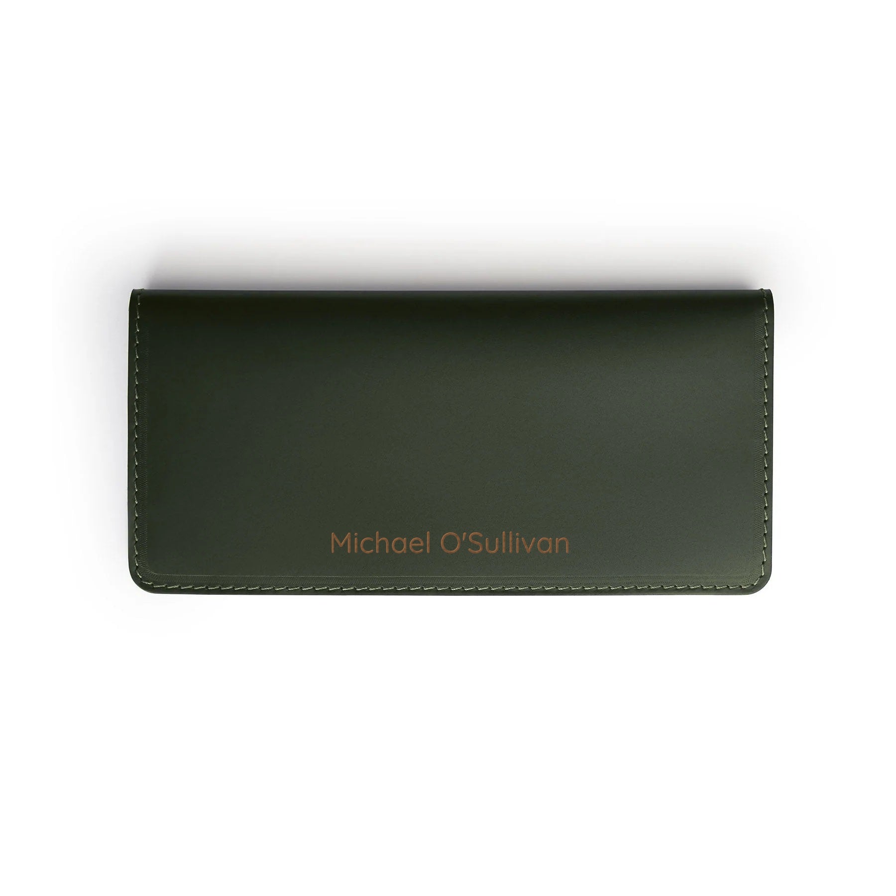 Green full-grain leather long wallet, flat lay, engraved with a name — personalised — CarveOn, made in Ireland#Color_Green