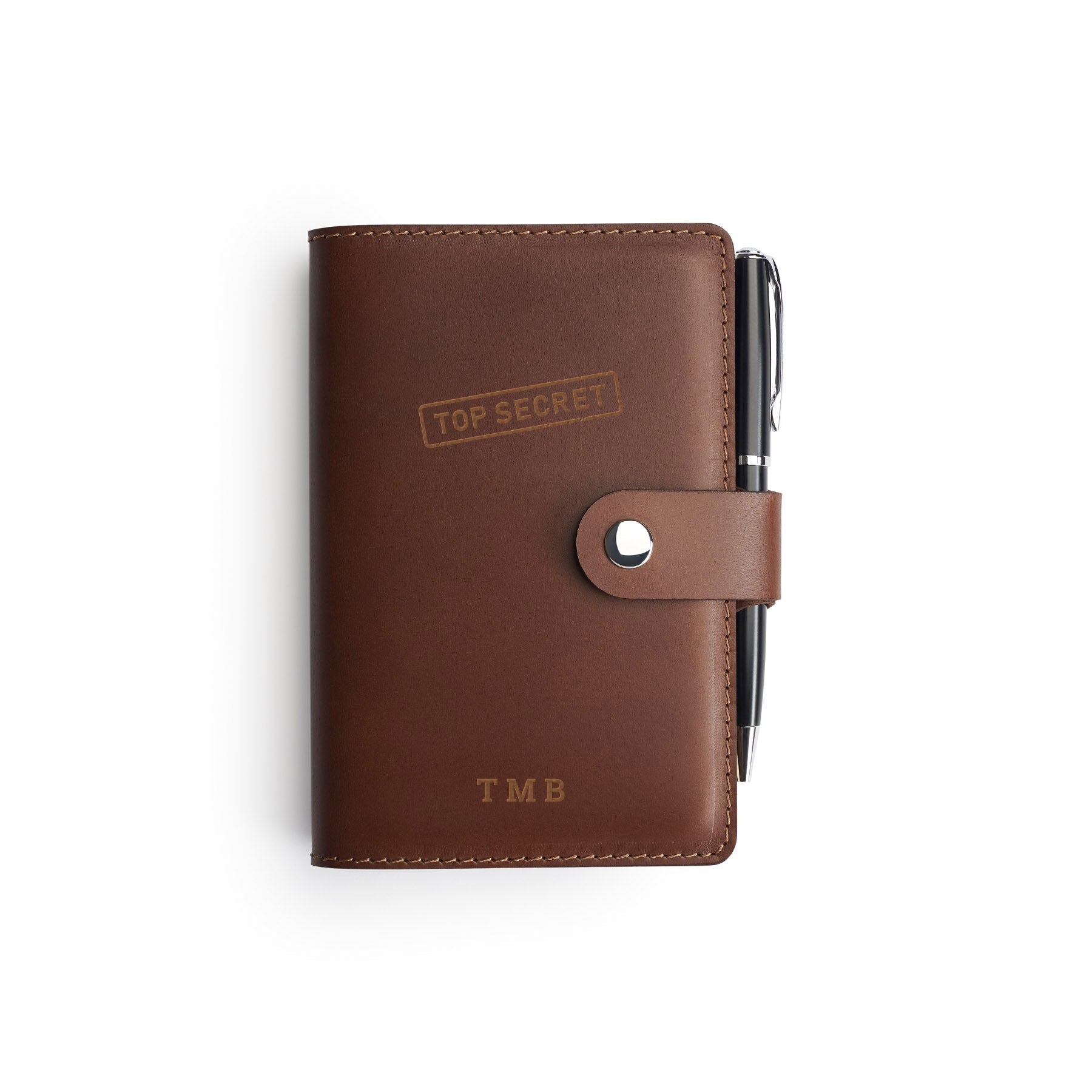 Dark Brown full-grain leather A6 notebook and pen set, flat lay, engraved with initials — personalised — CarveOn, made in Ireland#Color_Dark Brown
