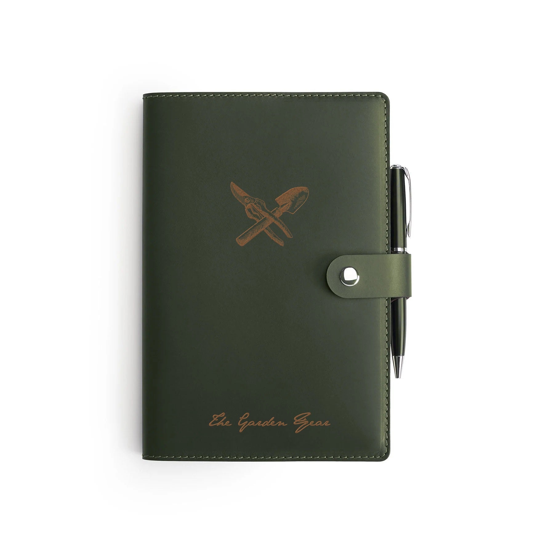 Green Moleskine gardening journal with leather cover and pen, flat lay, engraved with garden tools — personalised gift — CarveOn, made in Ireland#Color_Green