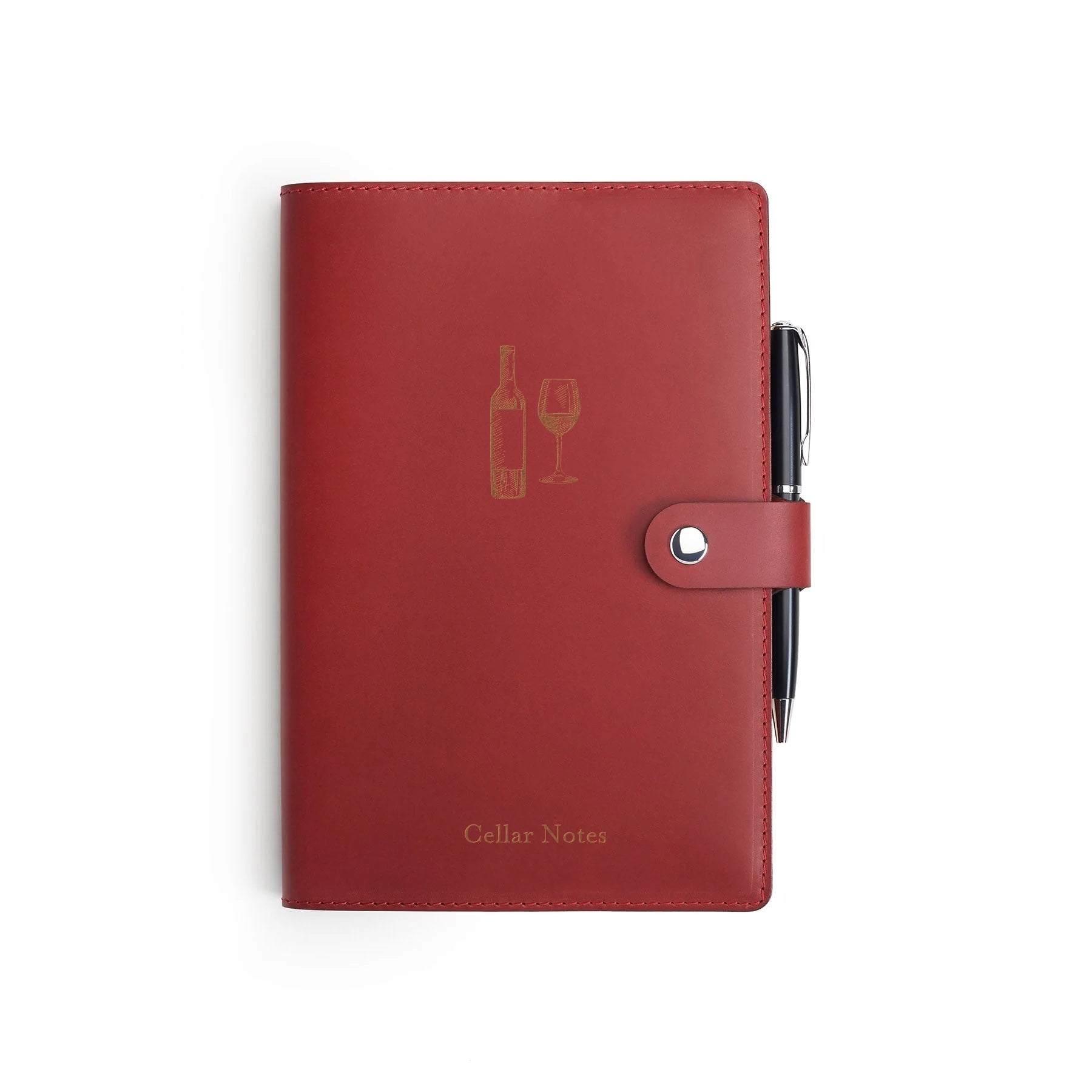 Burgundy Moleskine wine journal with leather cover and pen, flat lay, engraved with a wine graphic — personalised gift — CarveOn, made in Ireland#Color_Burgundy