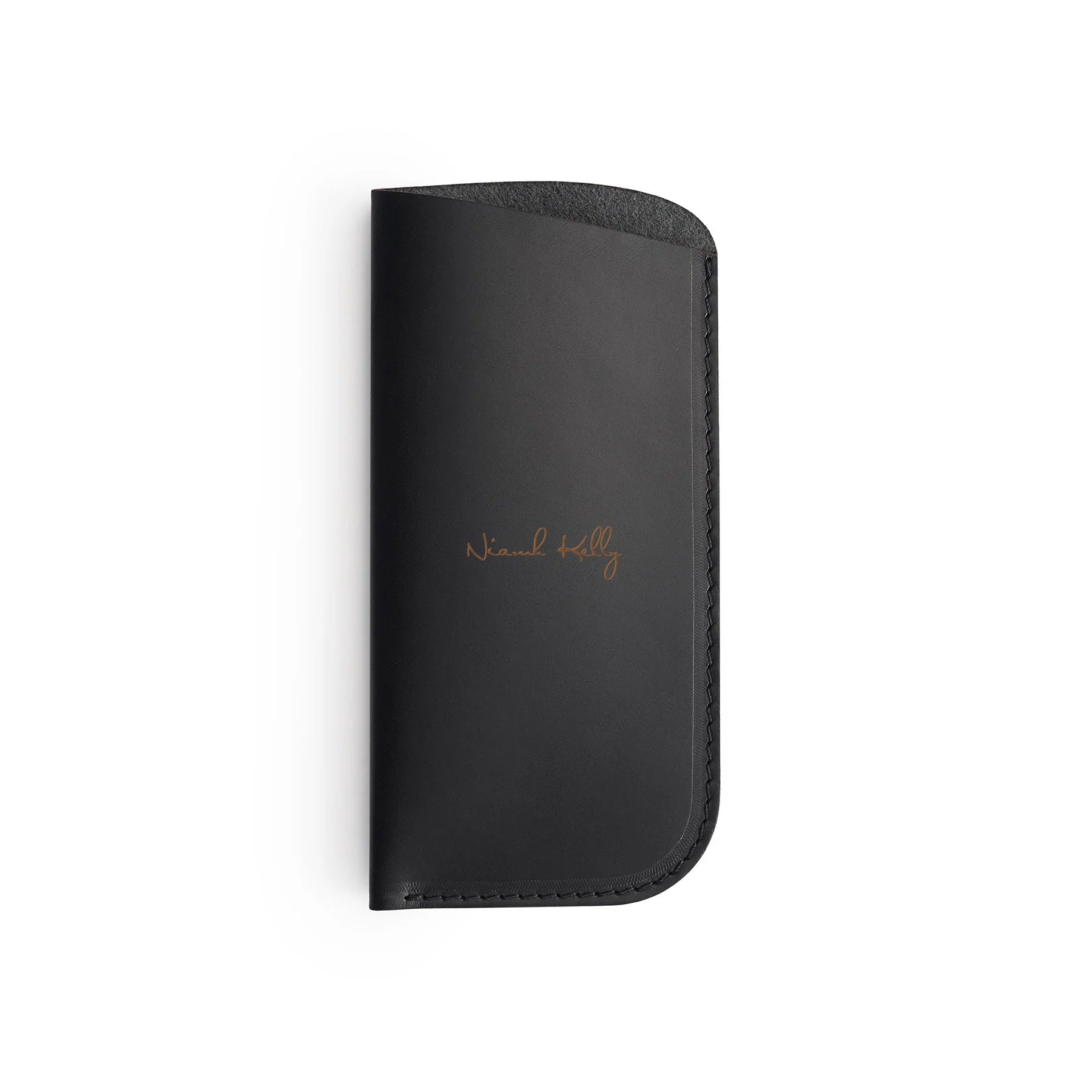 Black full-grain leather glasses case, flat lay, engraved with a name — personalised — CarveOn, made in Ireland#Color_Black