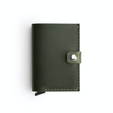Green full-grain leather RFID wallet, flat lay — personalised — CarveOn, made in Ireland