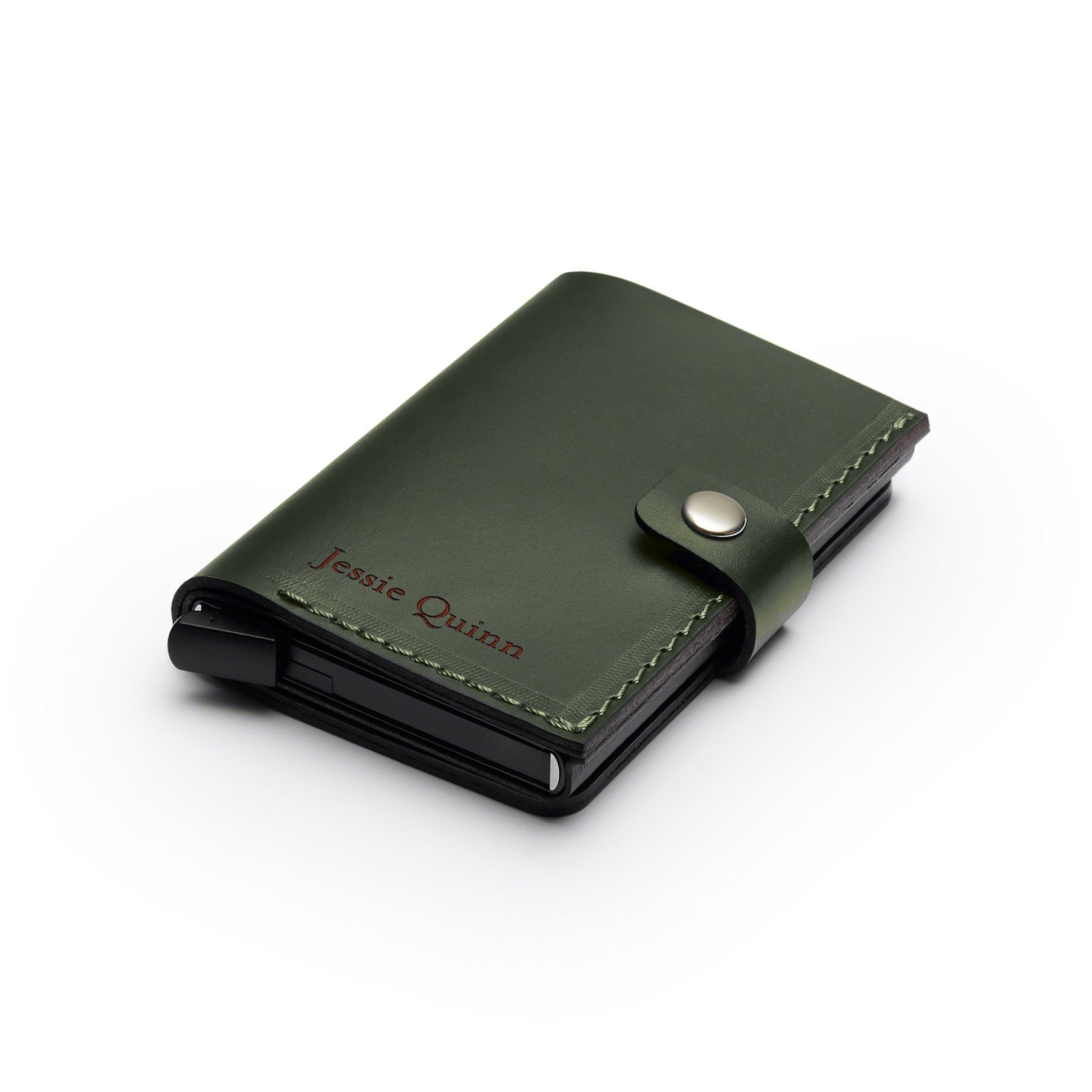 Green full-grain leather RFID wallet, flat lay, angled view — personalised — CarveOn, made in Ireland#Color_Green