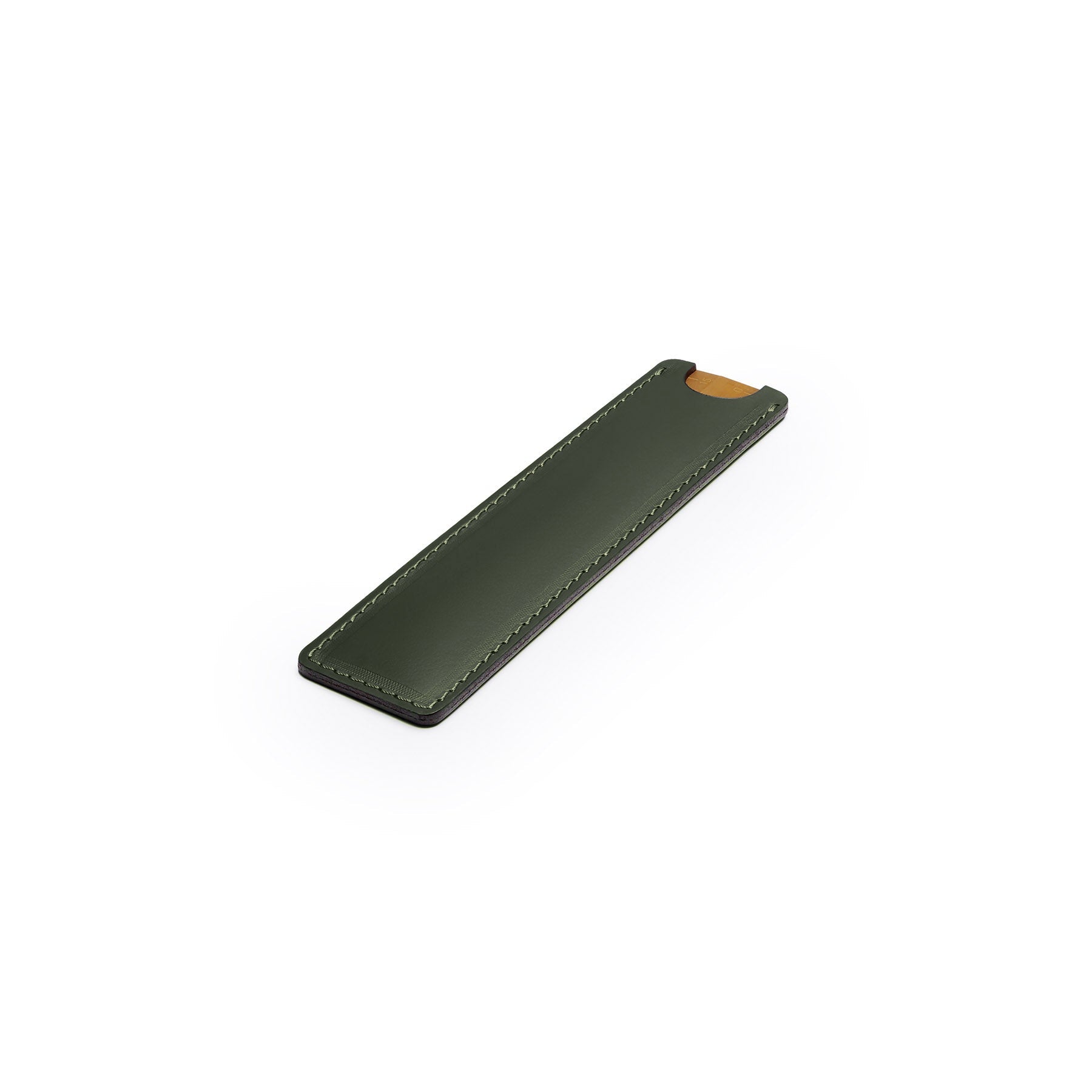 Green solid brass ruler with leather sheath, flat lay, angled view — desk gift — CarveOn, made in Ireland#Color_Green