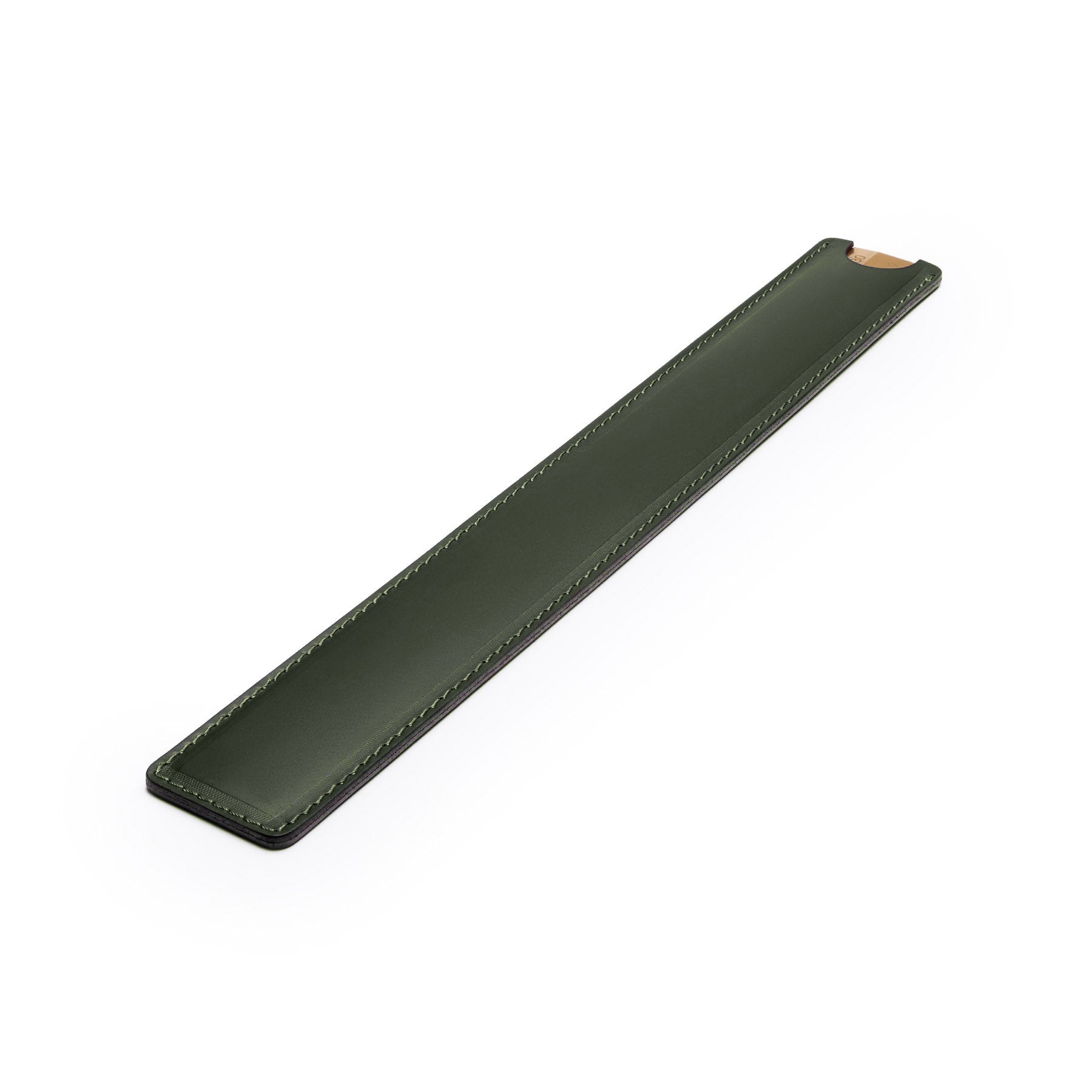 Green solid brass ruler with leather sheath, flat lay, angled view — desk gift — CarveOn, made in Ireland#Color_Green