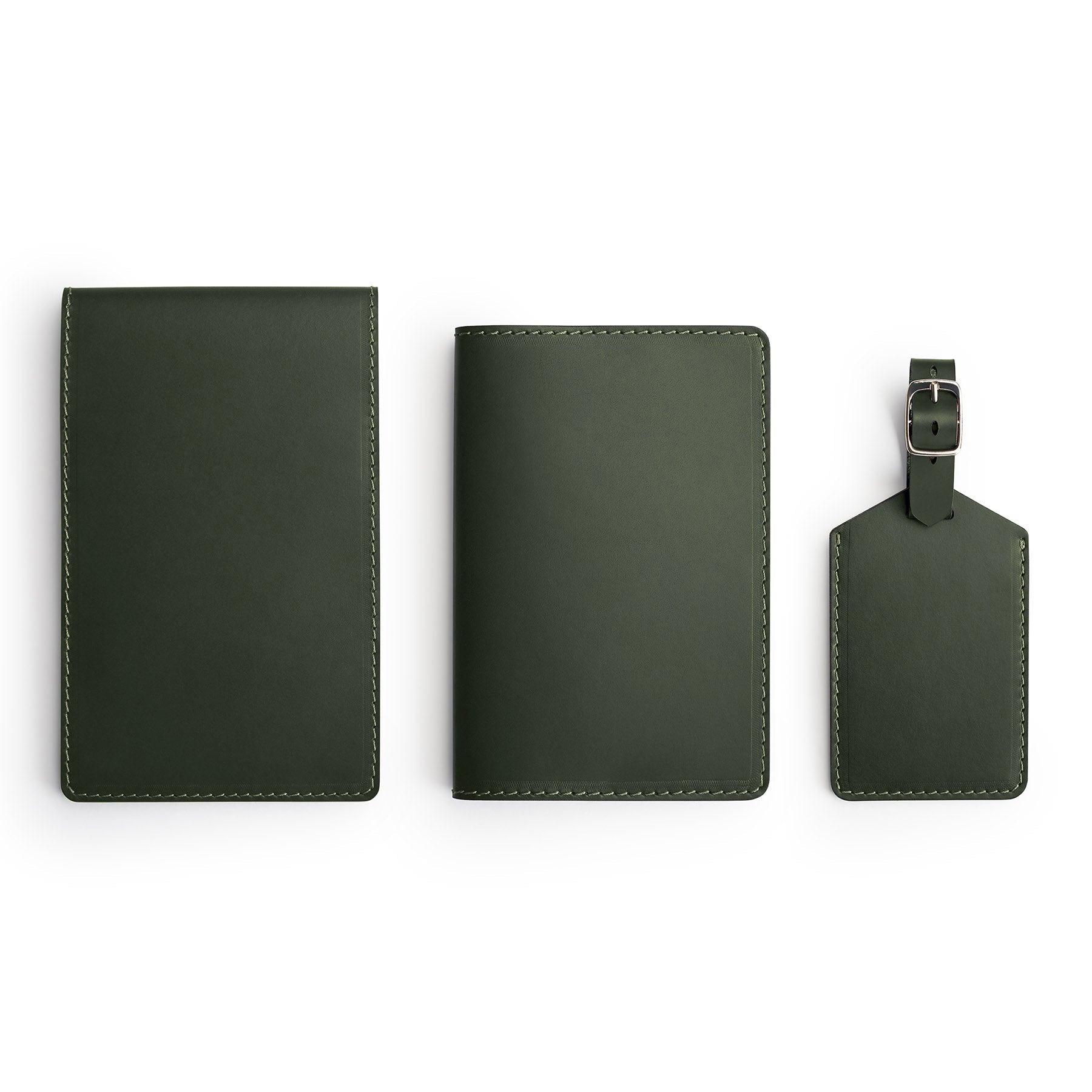 Green leather golf gift set, flat lay — personalised — CarveOn, handmade in Ireland#Color_Green