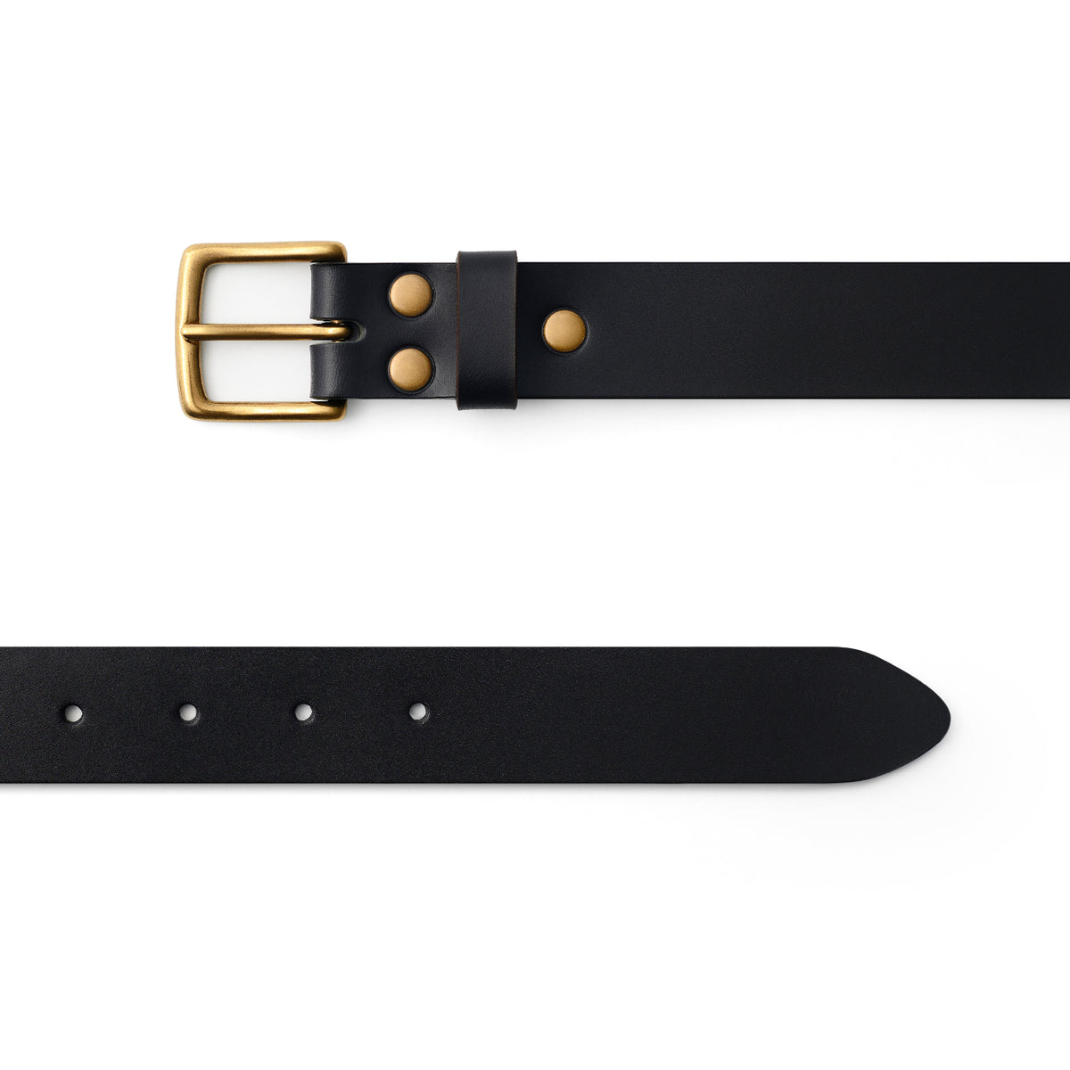 Black full-grain leather belt, brass buckle, top-down view — CarveOn, made in Ireland#Color_Black