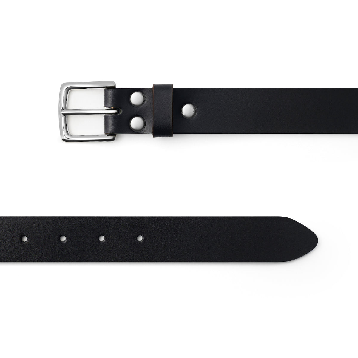 Black full-grain leather belt, silver buckle, top-down view — CarveOn, made in Ireland#Color_Black