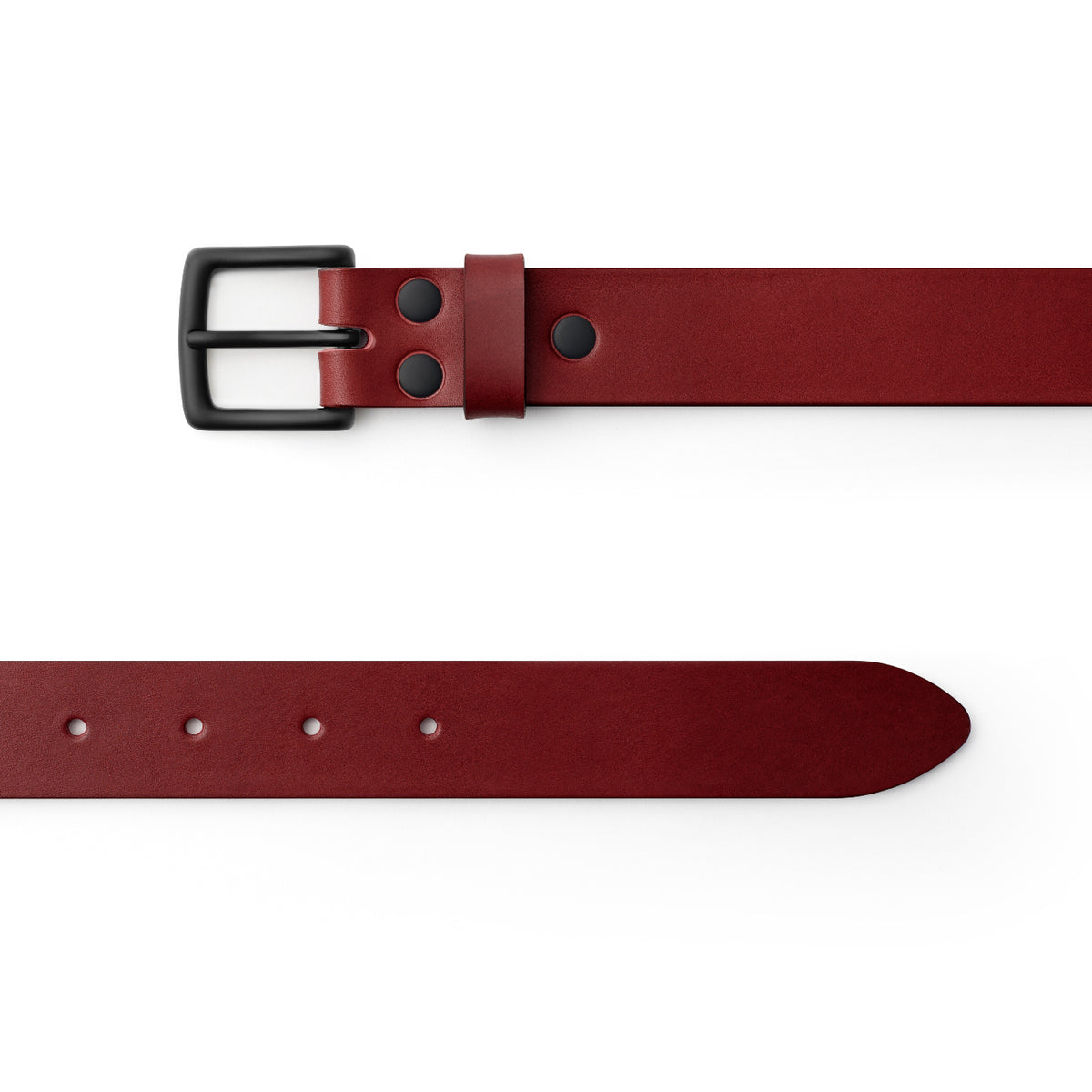 Burgundy full-grain leather belt, black buckle, top-down view — CarveOn, made in Ireland#Color_Burgundy