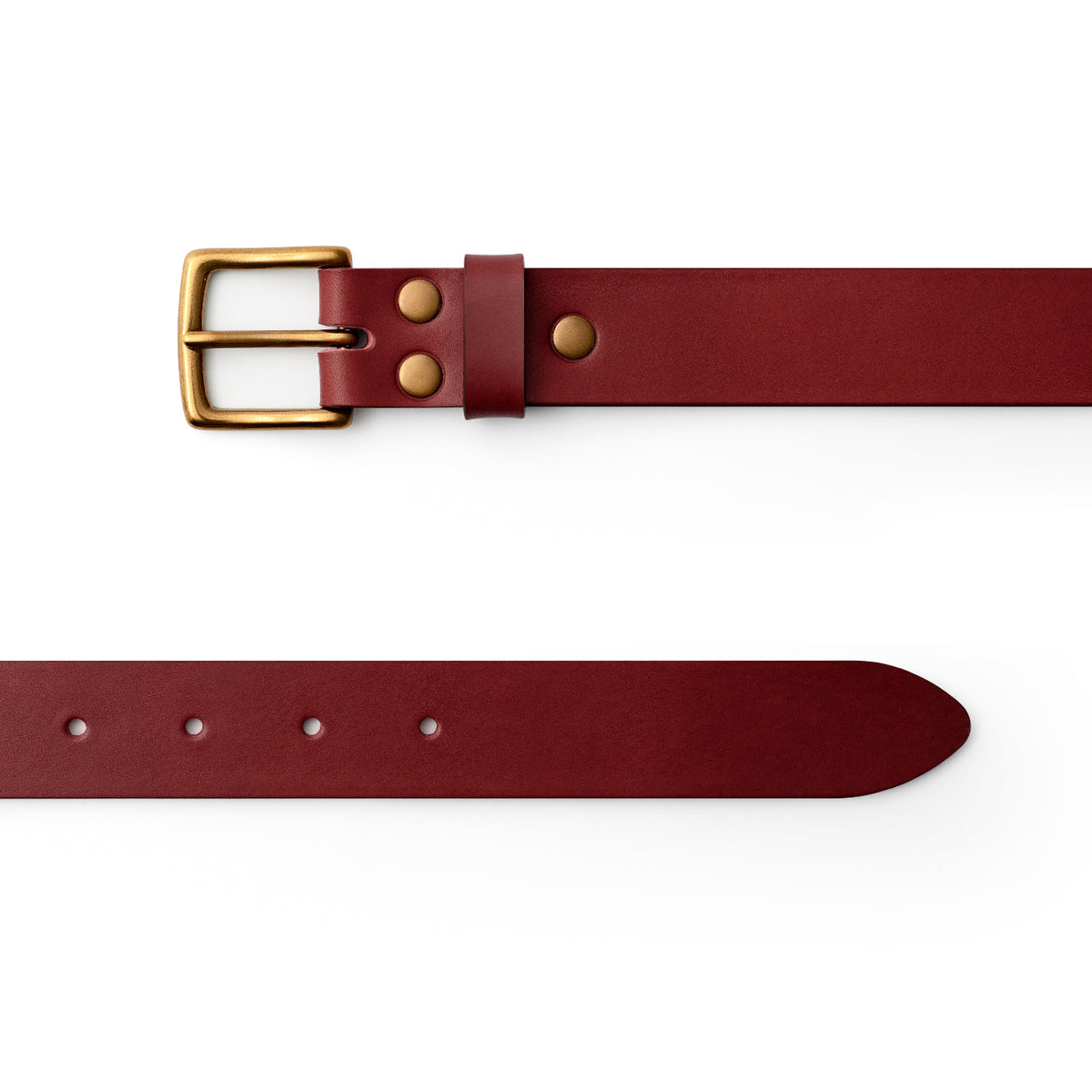 Burgundy full-grain leather belt, brass buckle, top-down view — CarveOn, made in Ireland#Color_Burgundy