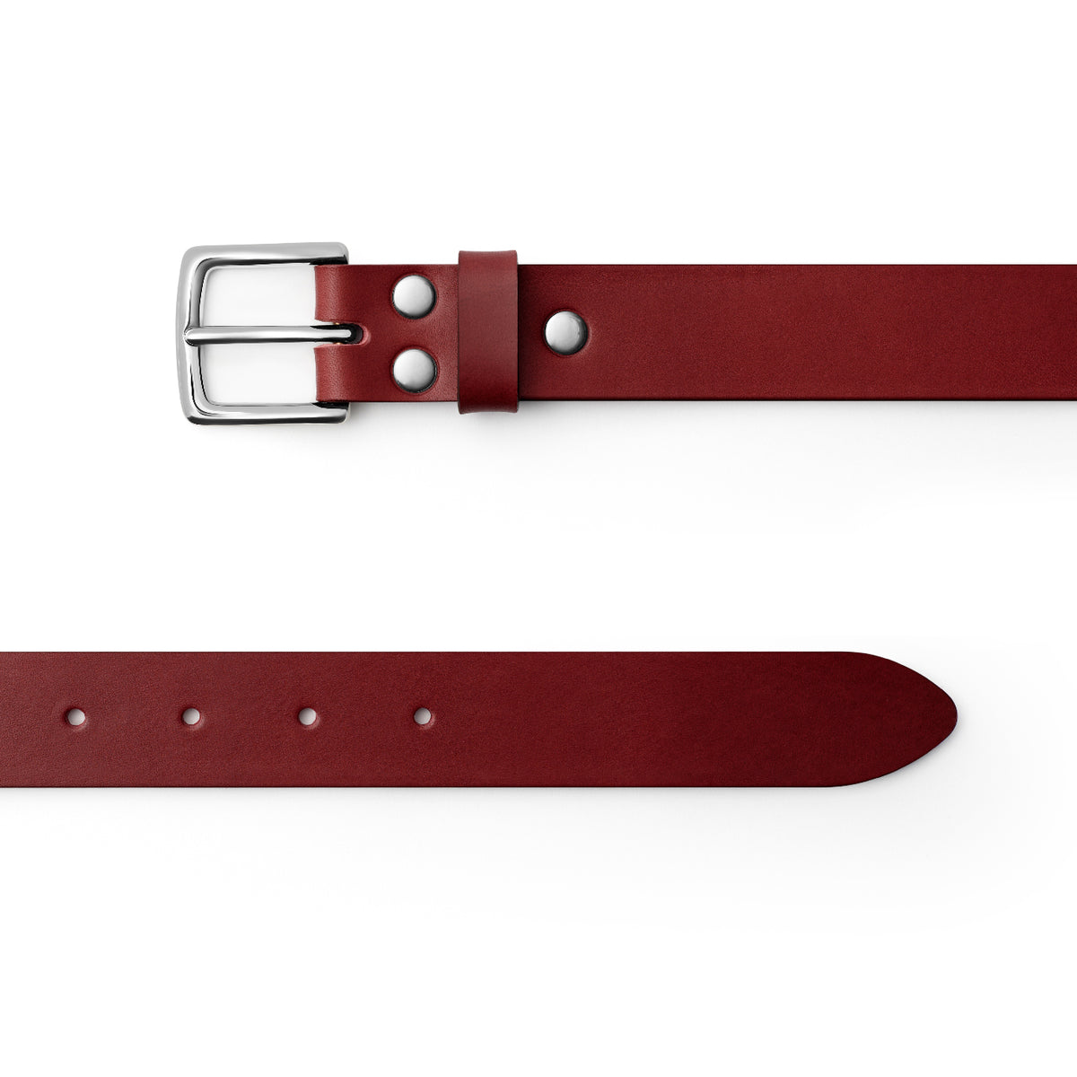 Burgundy full-grain leather belt, silver buckle, top-down view — CarveOn, made in Ireland#Color_Burgundy