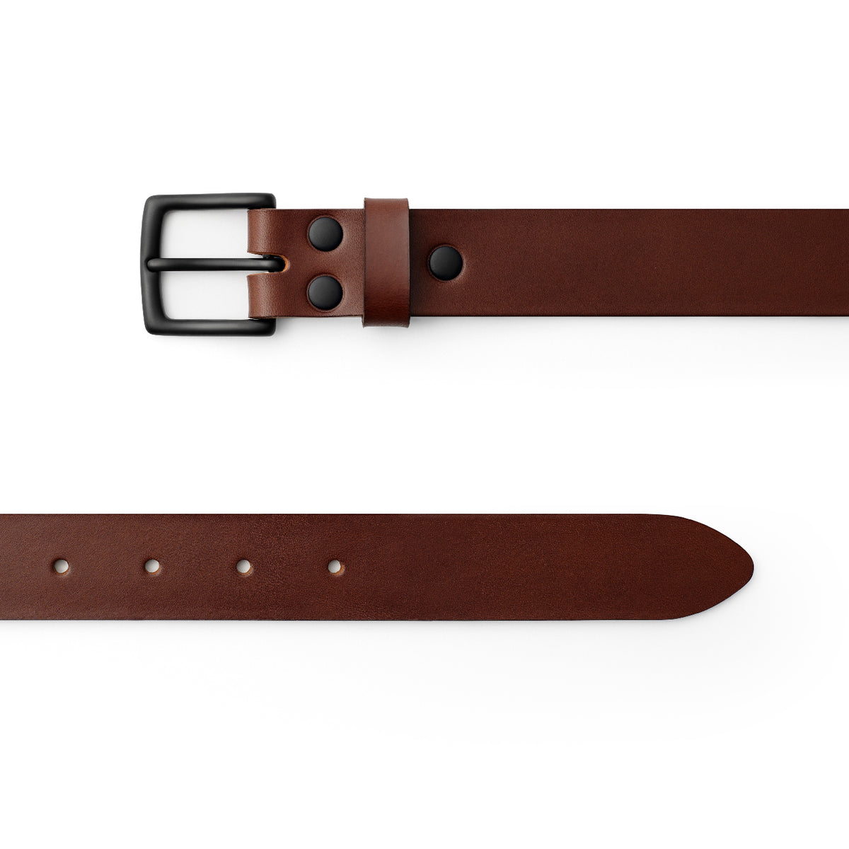 Dark Brown full-grain leather belt, black buckle, top-down view — CarveOn, made in Ireland#Color_Dark Brown