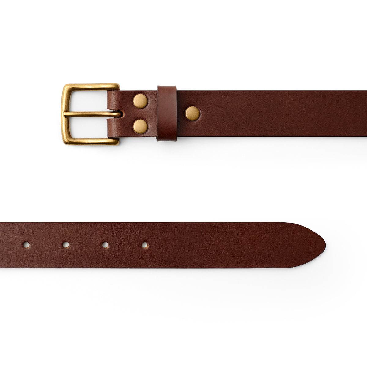 Dark Brown full-grain leather belt, brass buckle, top-down view — CarveOn, made in Ireland#Color_Dark Brown