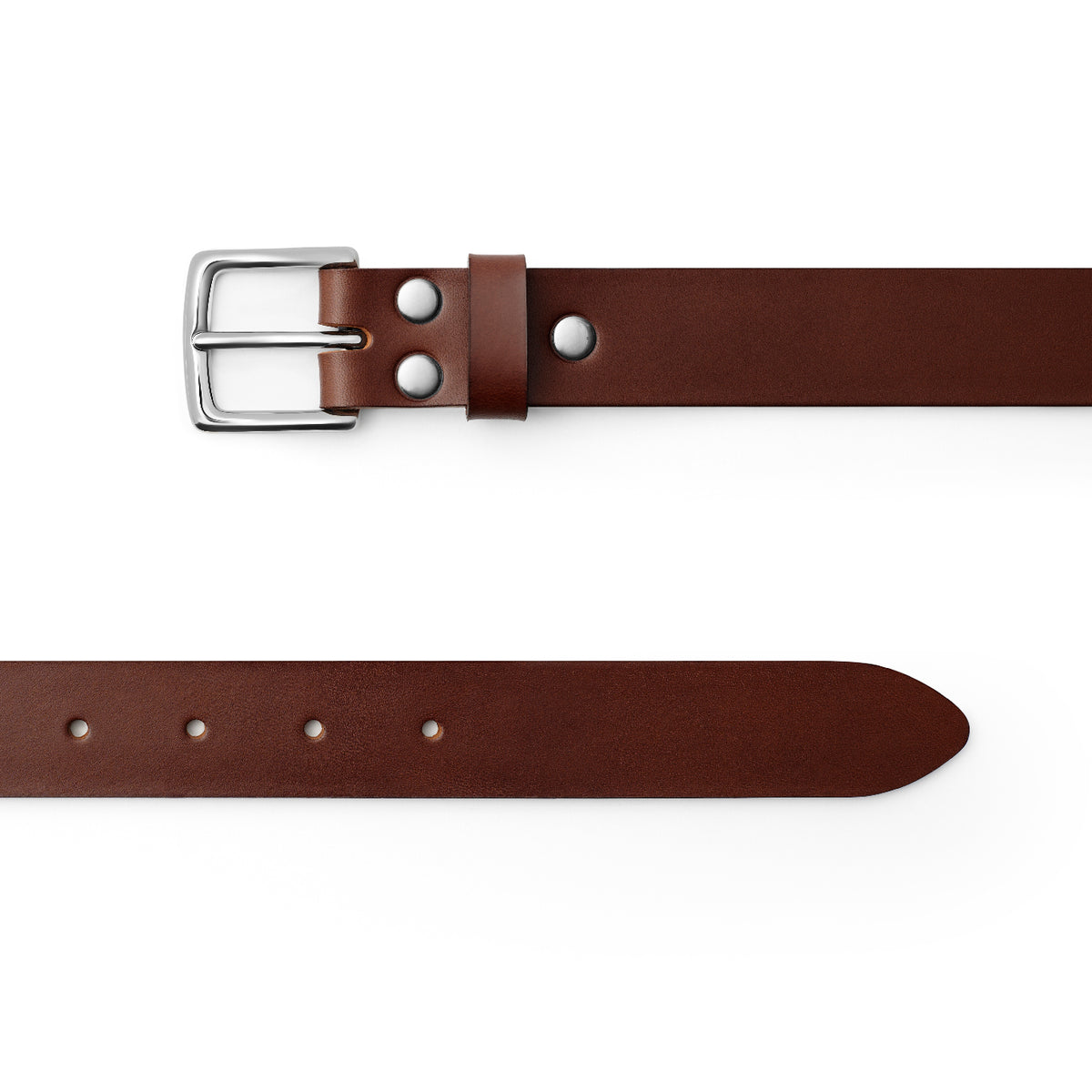 Dark Brown full-grain leather belt, silver buckle, top-down view — CarveOn, made in Ireland#Color_Dark Brown