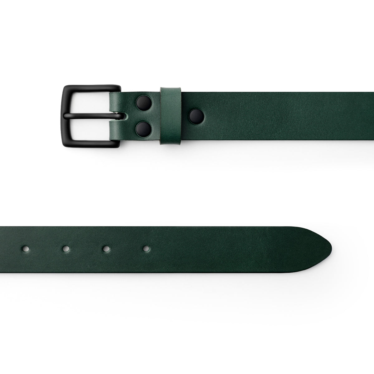Green full-grain leather belt, black buckle, top-down view — CarveOn, made in Ireland#Color_Green