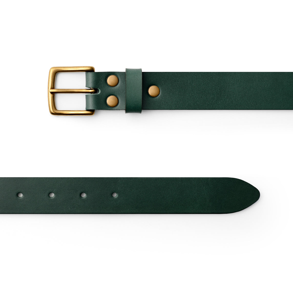 Green full-grain leather belt, brass buckle, top-down view — CarveOn, made in Ireland#Color_Green